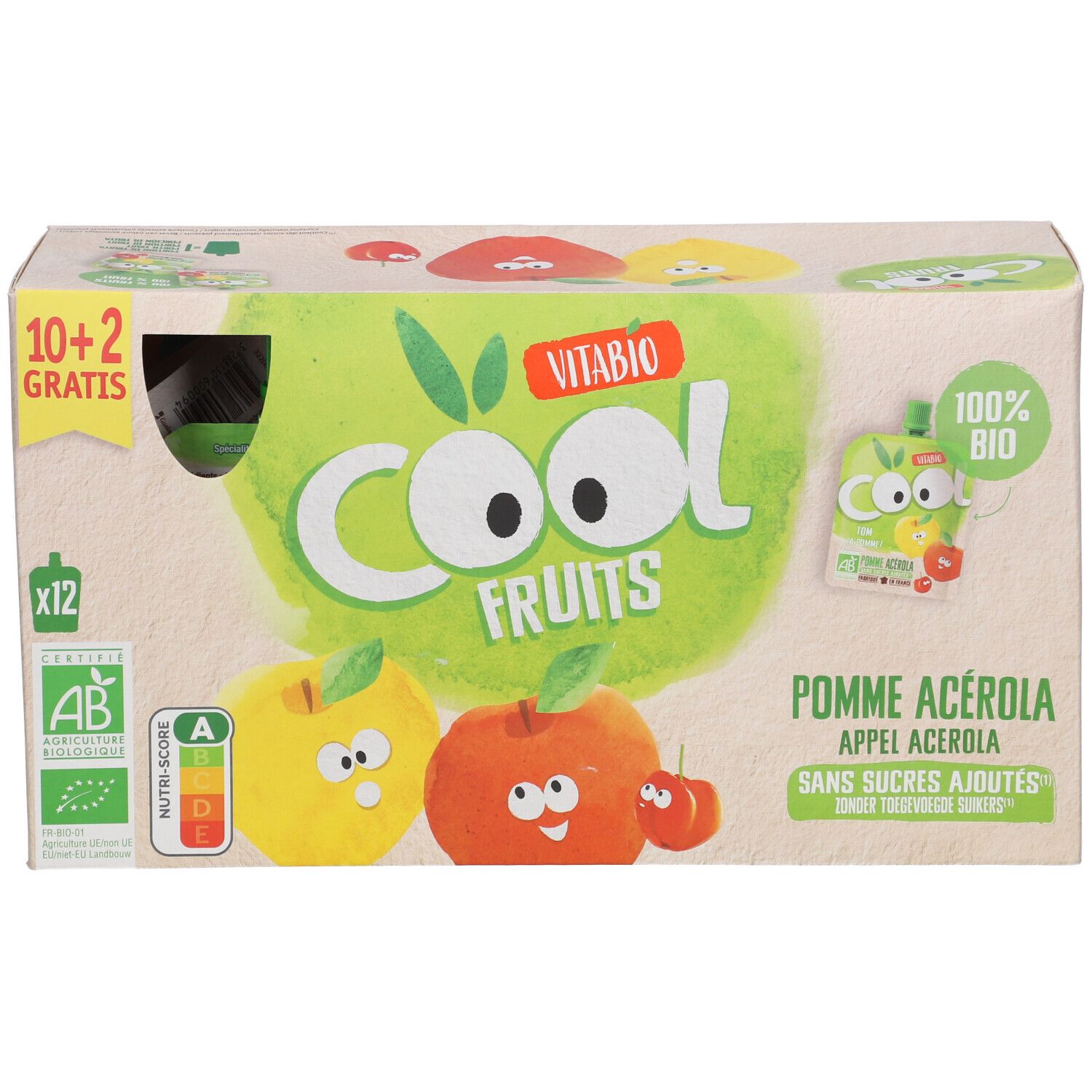 Boîte Vitabio Cool Fruits Pomme Acerola. Inscriptions : 10+2 gratuits, label bio, Nutri-Score. Illustrations de pommes et de gourdes.