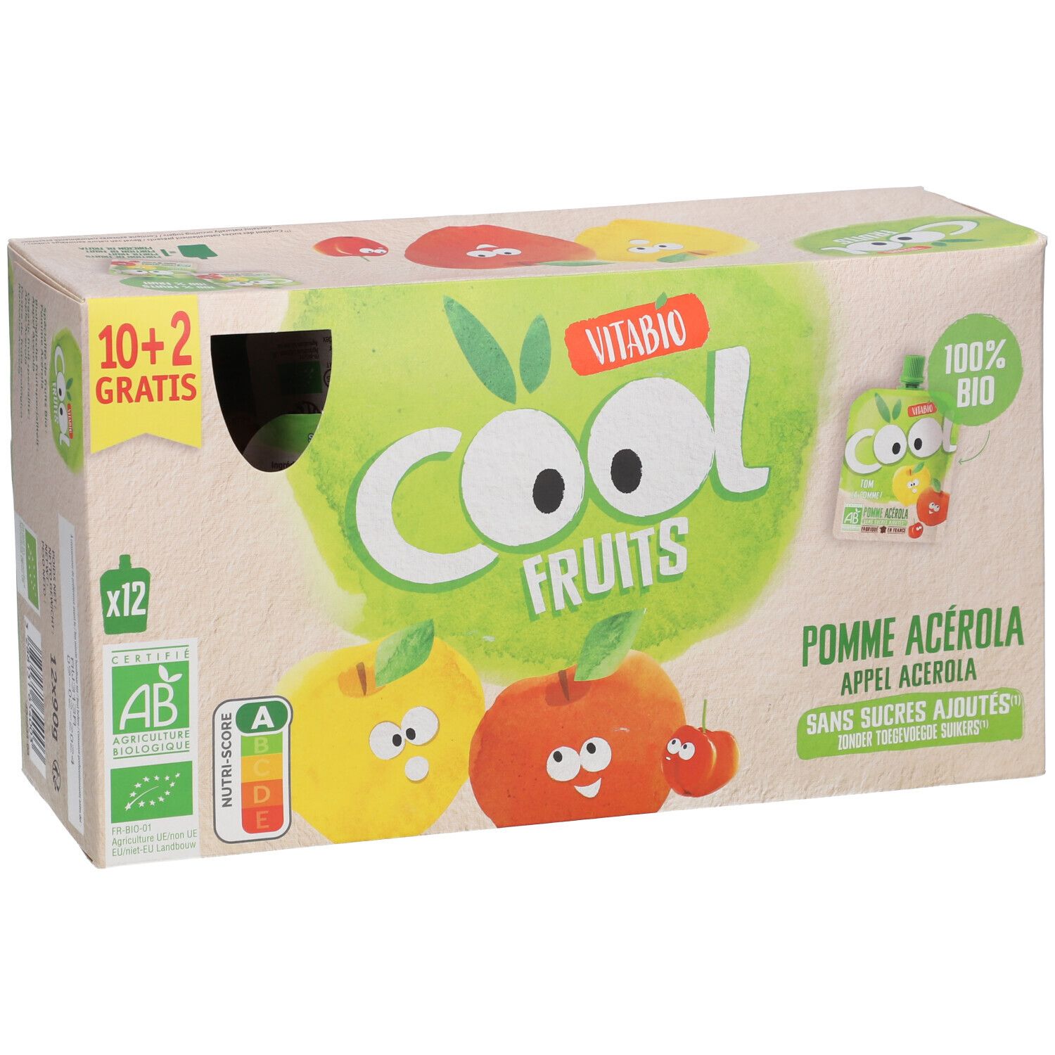 Boîte Vitabio Cool Fruits Pomme Acerola. Inscriptions : 10+2 gratuits, label bio, Nutri-Score. Illustrations de pommes et de gourdes.