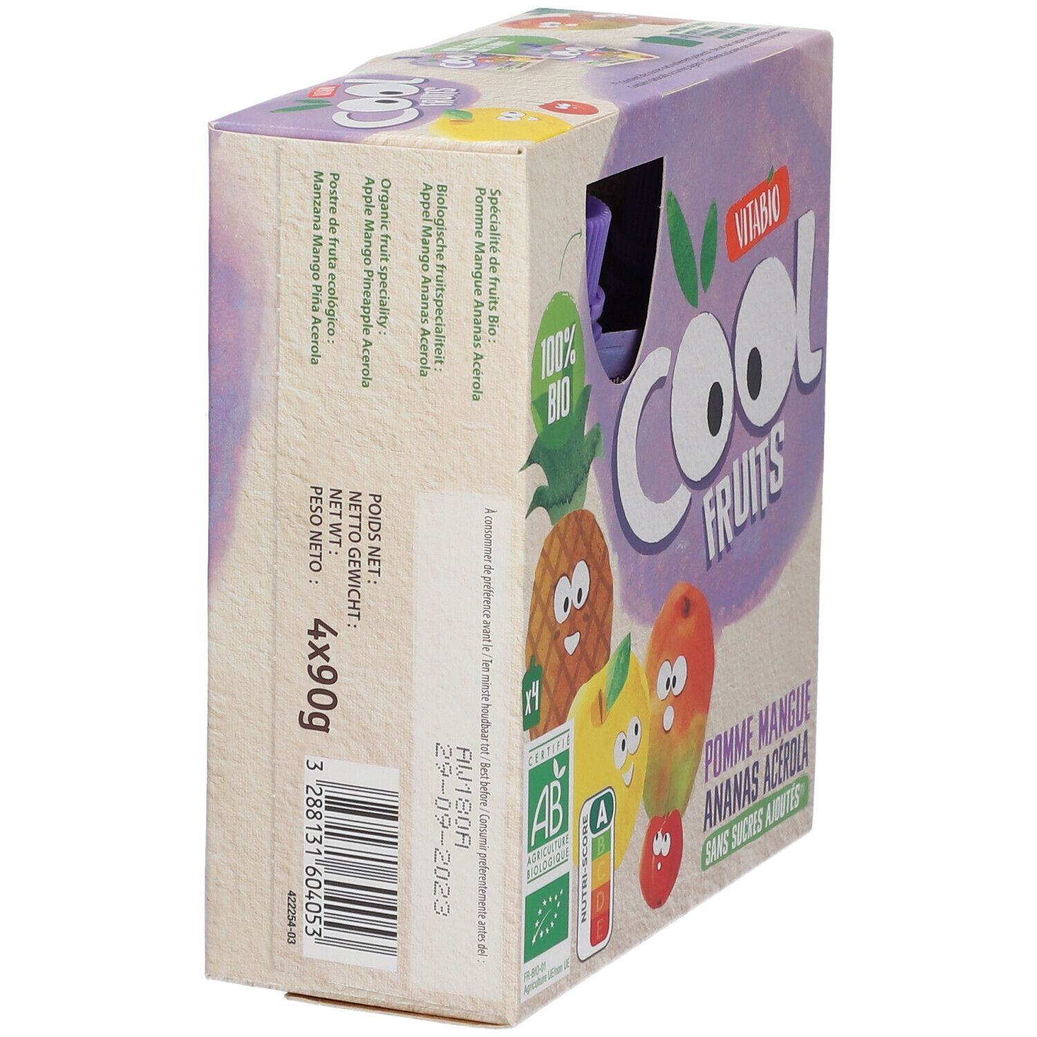 Emballage VITABIO Cool Fruits. Inscriptions: 4x90g, label AB, Cool Fruits, Pomme Mangue Ananas Acerola, sans sucres ajoutés, date de péremption.