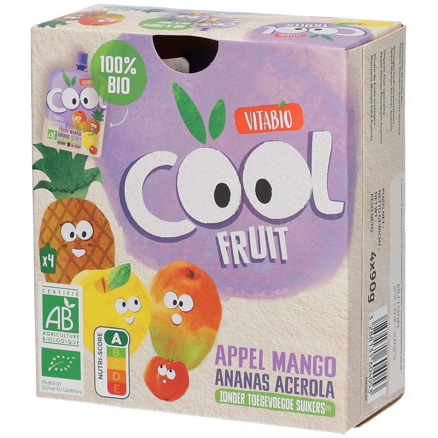 Emballage VITABIO Cool Fruits. Inscriptions: 100% Bio, label AB, Nutri-Score, Cool Fruit, Appel Mango Ananas Acerola, zonder toegevoegde suikers.
