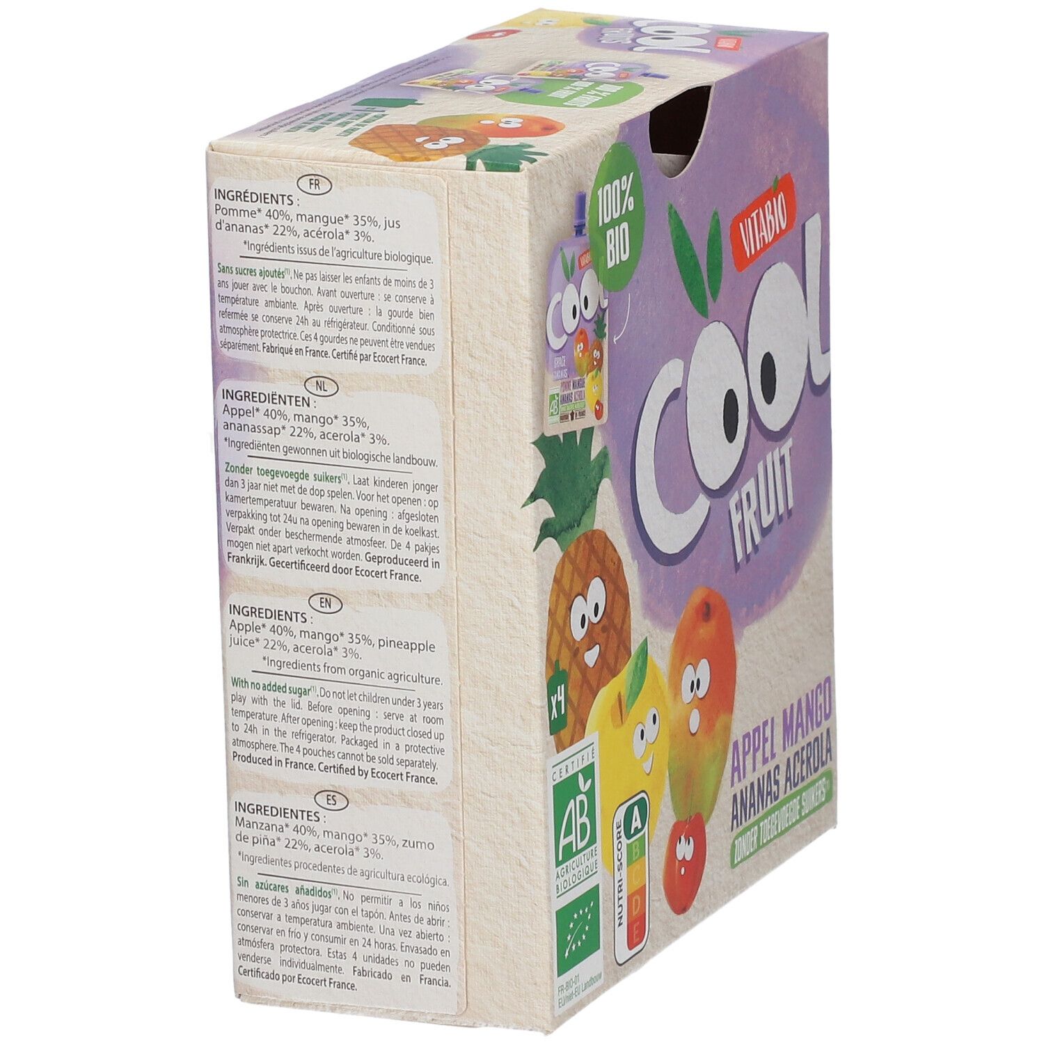 Emballage VITABIO Cool Fruits. Inscriptions: liste des ingrédients, 100% Bio, label AB, Cool Fruit, Appel Mango Ananas Acerola, zonder toegevoegde suikers.
