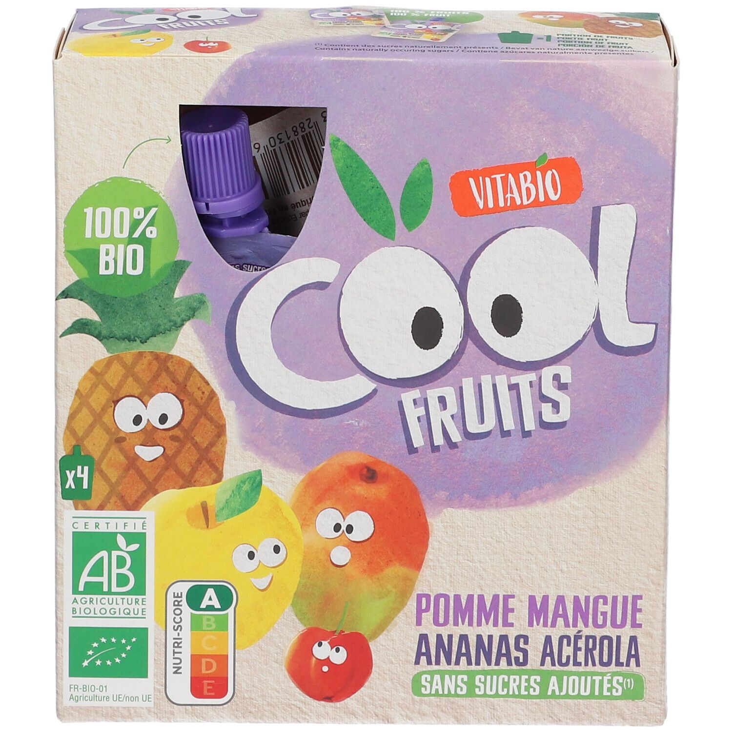 Emballage VITABIO Cool Fruits. Inscriptions: 100% Bio, label AB, Nutri-Score, Cool Fruits, Pomme Mangue Ananas Acerola, sans sucres ajoutés.