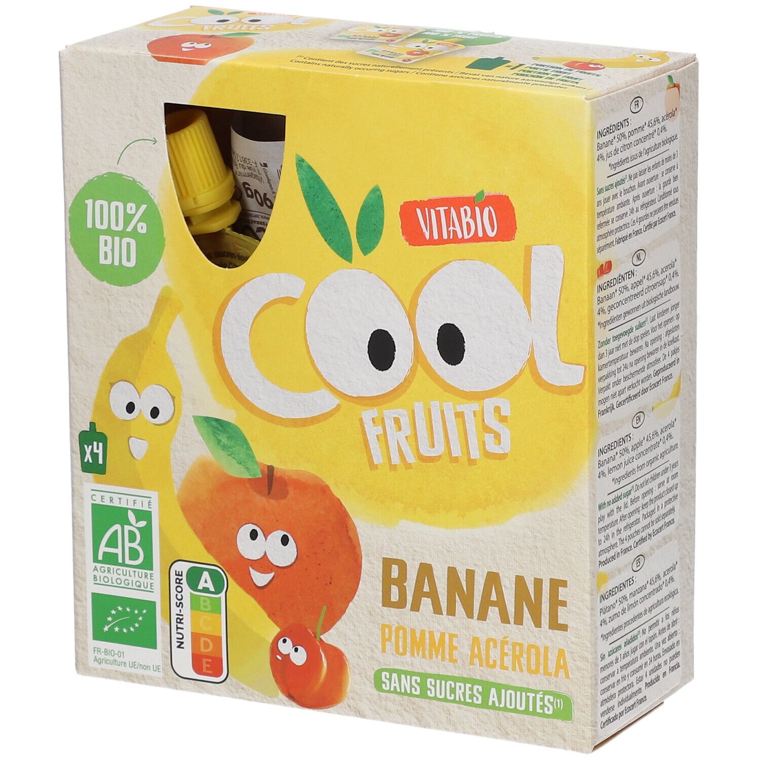 Boîte Vitabio Cool Fruits. Inscriptions: Banane Pomme Acerola, 100% Bio, certification AB, Nutri-Score.