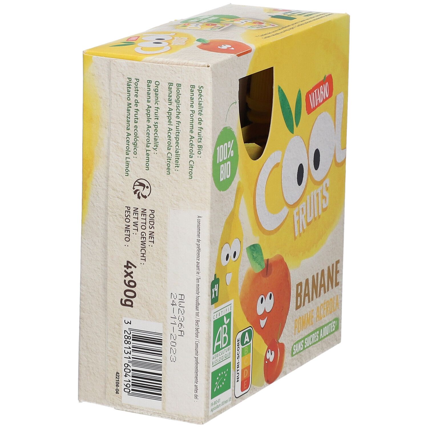 Vue latérale de la boîte Vitabio Cool Fruits. Inscriptions: Banane Pomme Acerola, 100% Bio, certification AB, Nutri-Score.