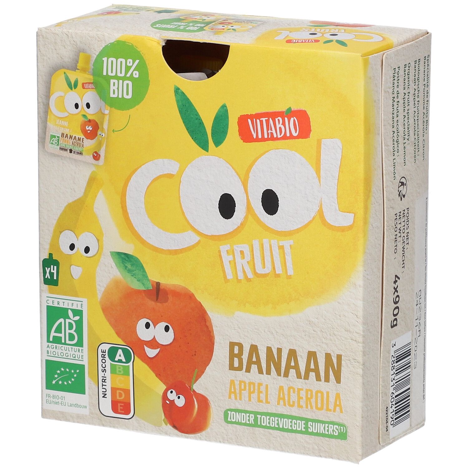 Boîte Vitabio Cool Fruits. Inscriptions: Banaan Appel Acerola, 100% Bio, certification AB, Nutri-Score.