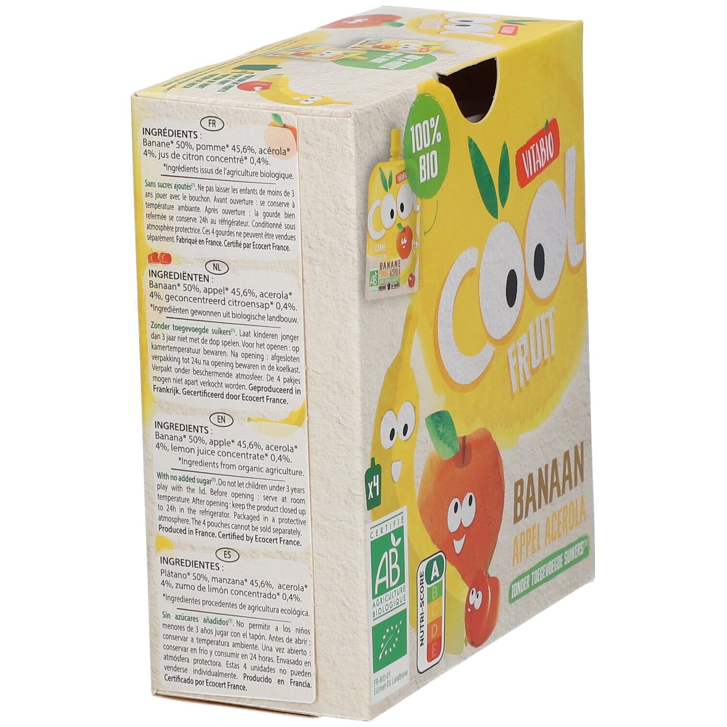Vue latérale de la boîte Vitabio Cool Fruits. Inscriptions: Banaan Appel Acerola, 100% Bio, certification AB, Nutri-Score.