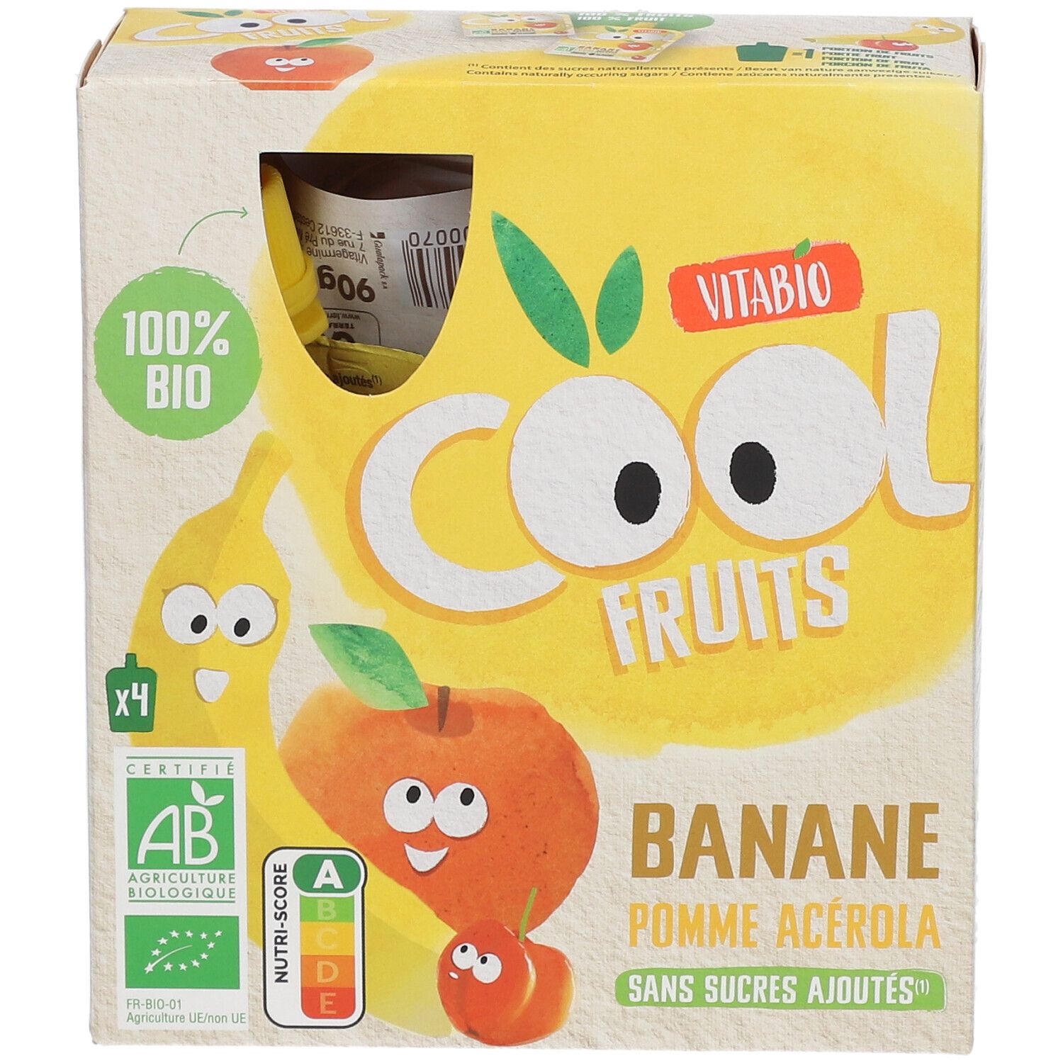 Boîte Vitabio Cool Fruits. Inscriptions: Banane Pomme Acerola, 100% Bio, certification AB, Nutri-Score.