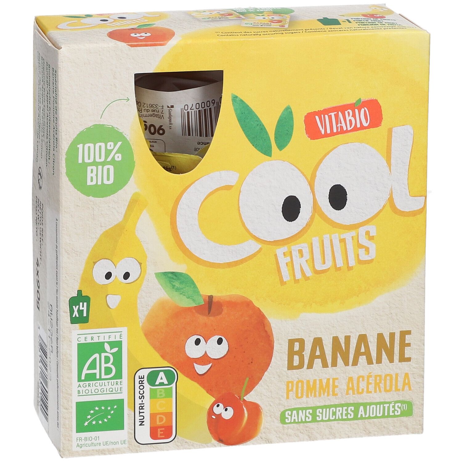 Boîte Vitabio Cool Fruits. Inscriptions: Banane Pomme Acerola, 100% Bio, certification AB, Nutri-Score.