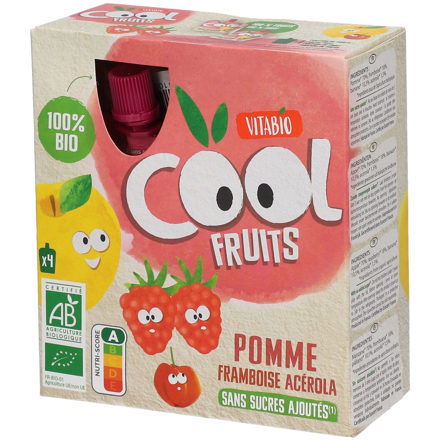 Boîte Cool Fruits pomme, framboise, acérola. Certifié bio, Nutri-Score. Contient 4 sachets.