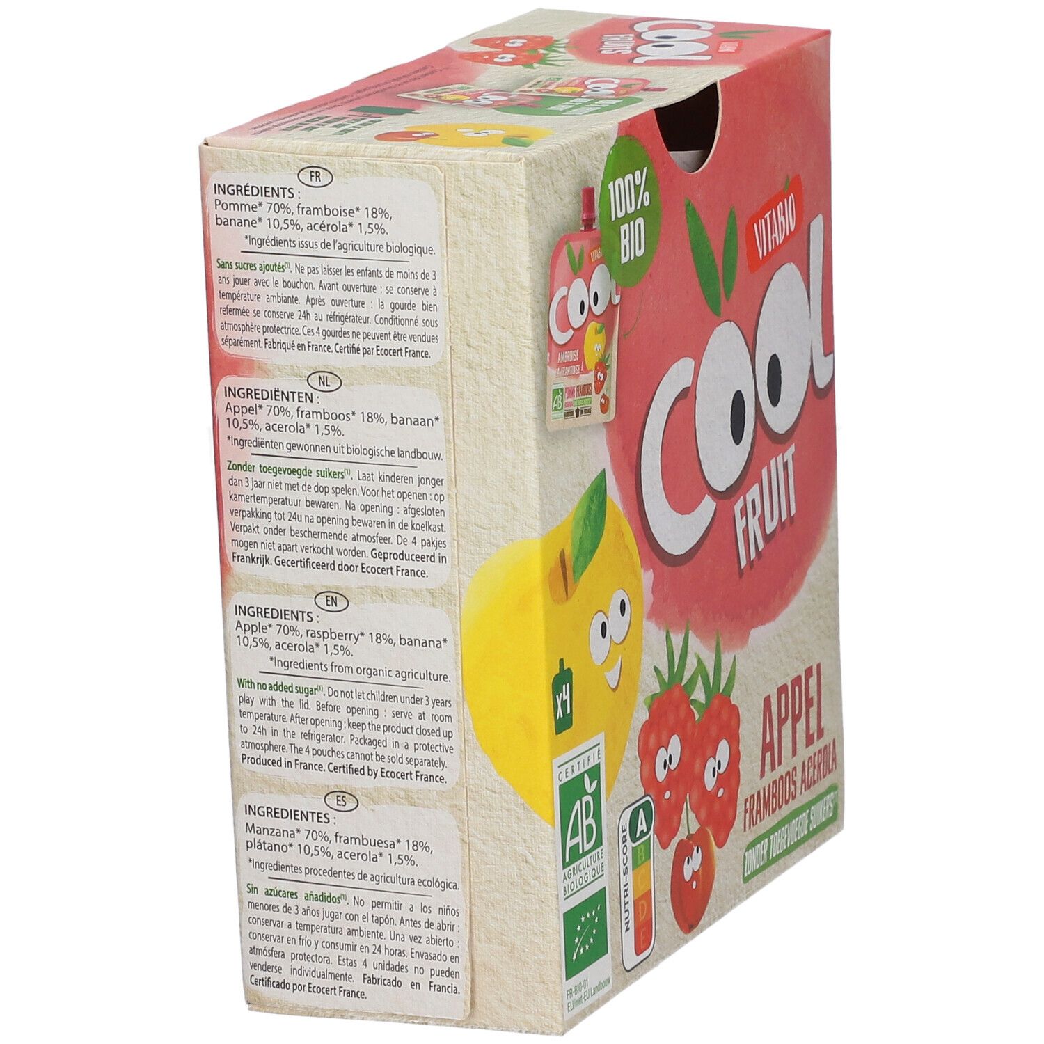 Dos de la boîte Cool Fruits. Liste des ingrédients, certification bio, Nutri-Score. Textes en plusieurs langues.