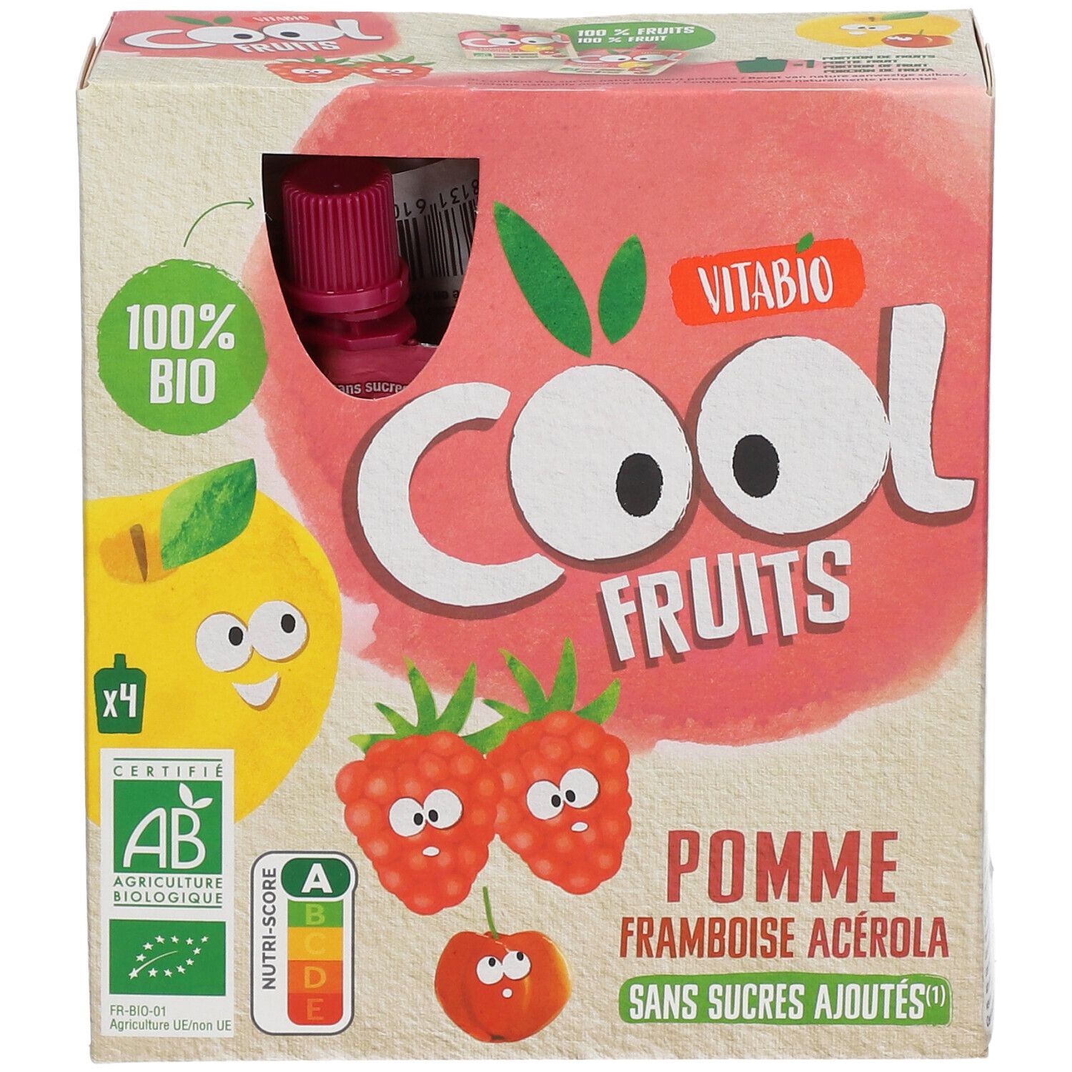 Boîte Cool Fruits pomme, framboise, acérola. Certifié bio, Nutri-Score. Contient 4 sachets.