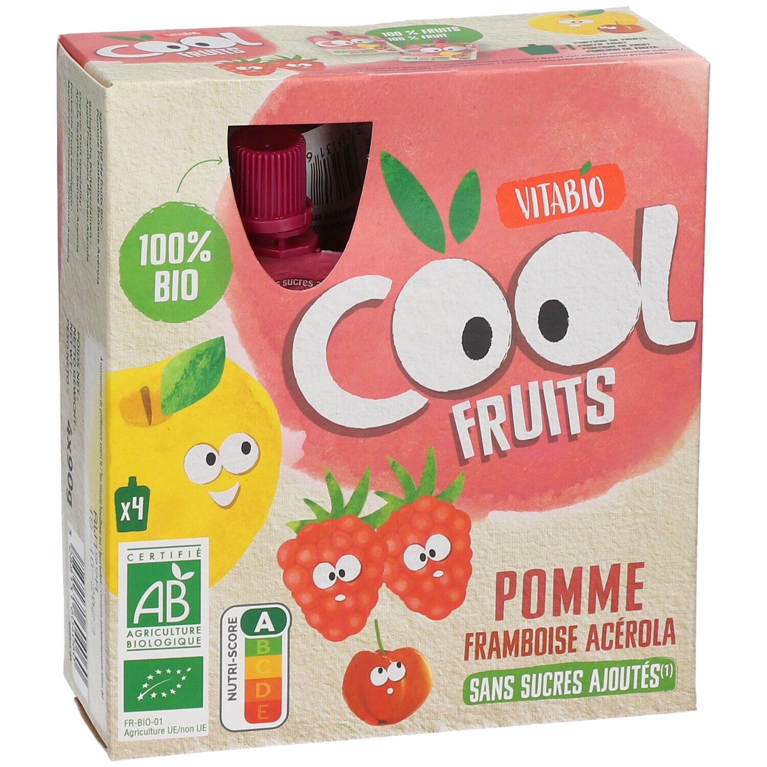 Boîte Cool Fruits pomme, framboise, acérola. Certifié bio, Nutri-Score. Contient 4 sachets.