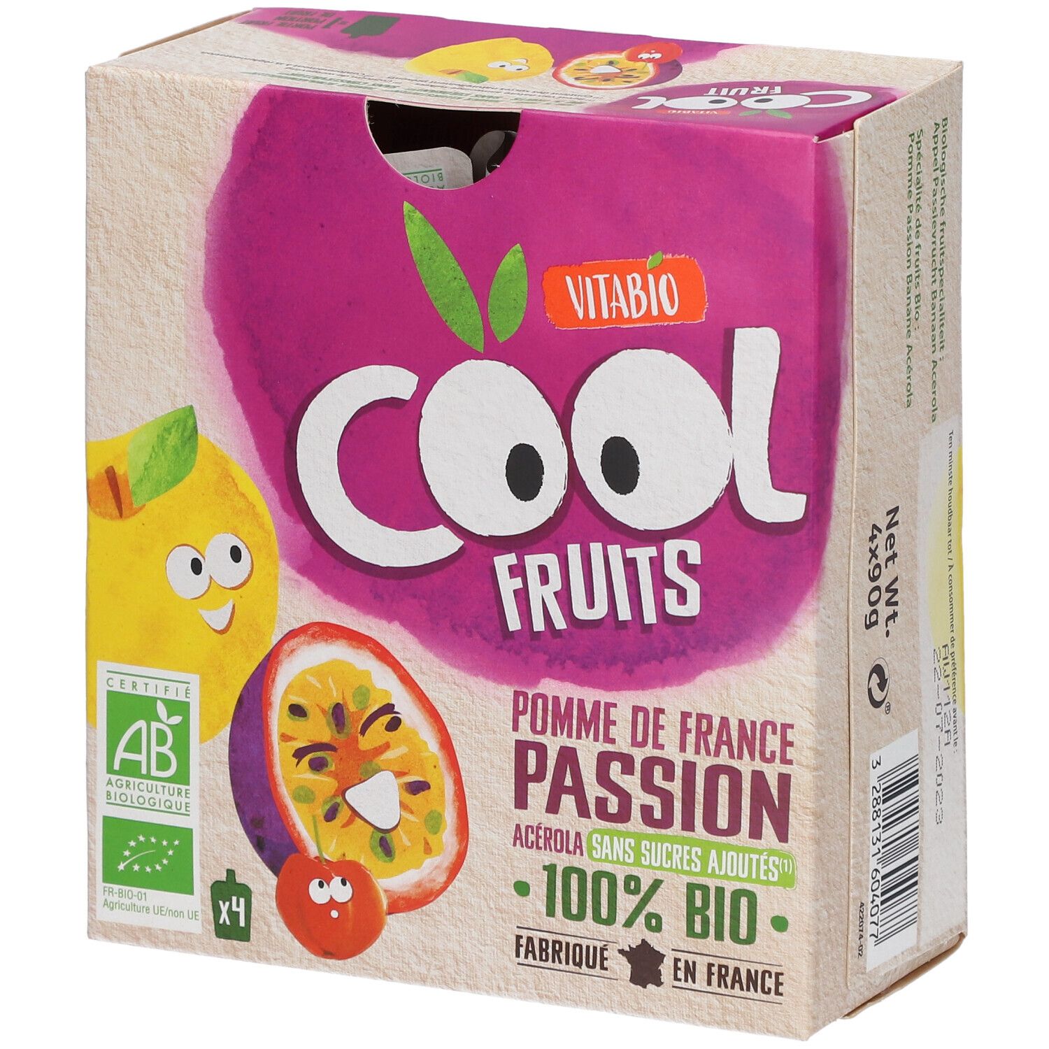 Boîte de Vitabio Cool Fruits Pomme - Fruit de la Passion Bio. Contient 4 sachets. Label AB Bio.