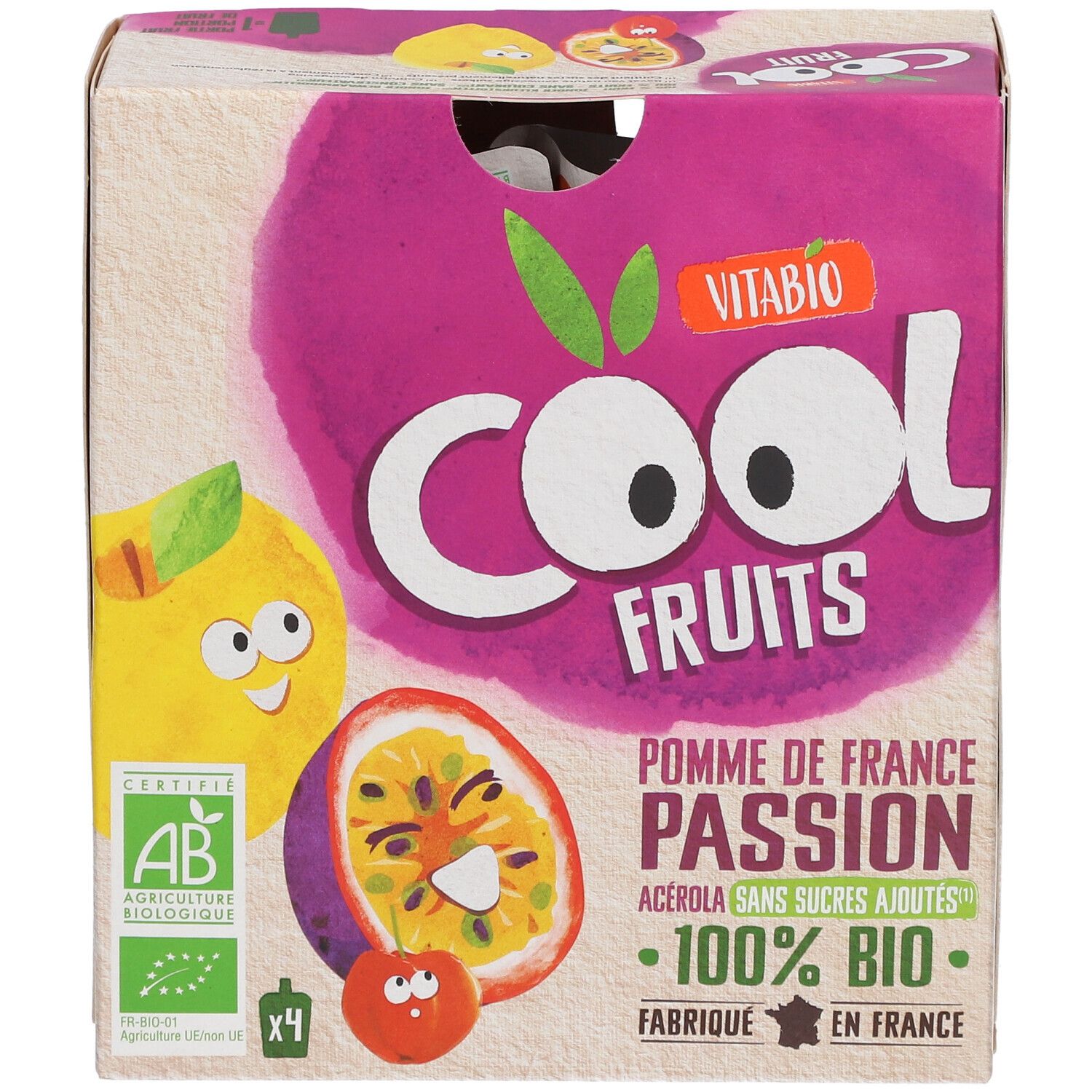 Boîte de Vitabio Cool Fruits Pomme - Fruit de la Passion Bio. Contient 4 sachets. Label AB Bio.