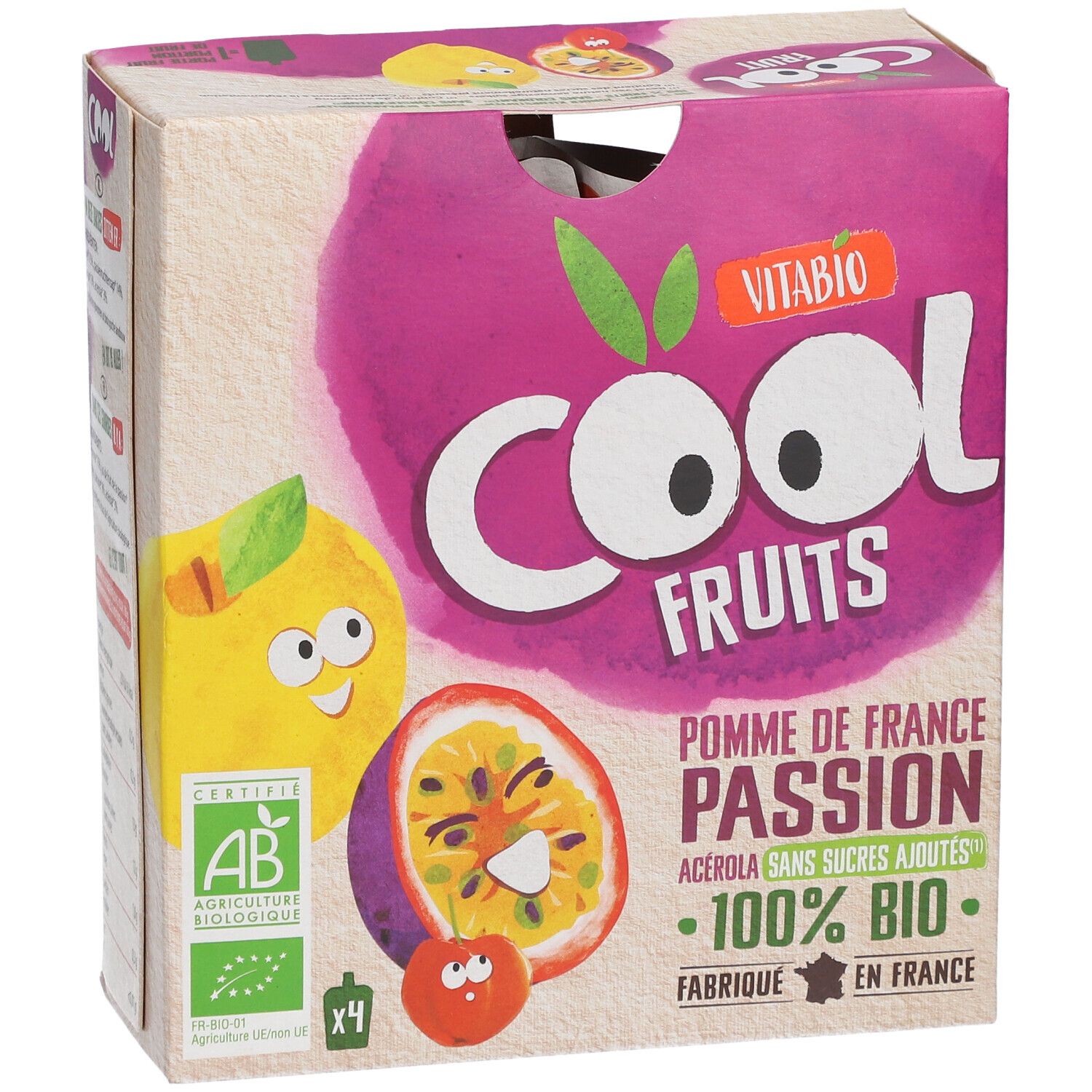 Boîte de Vitabio Cool Fruits Pomme - Fruit de la Passion Bio. Contient 4 sachets. Label AB Bio.