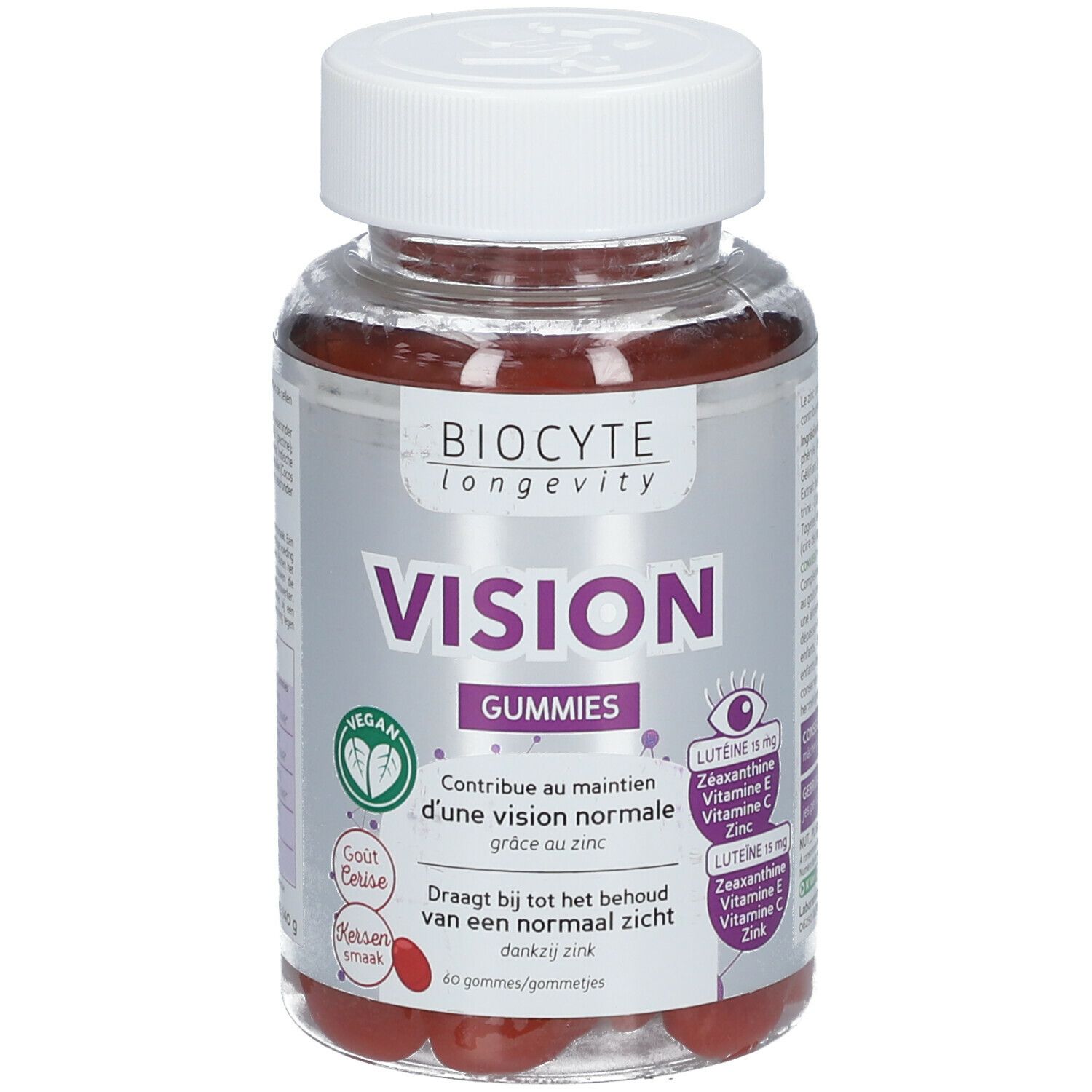 Biocyte Vision Gummies. Flacon de gummies rouges. Label Vegan. Inscription: Vision Gummies, 60 pièces.
