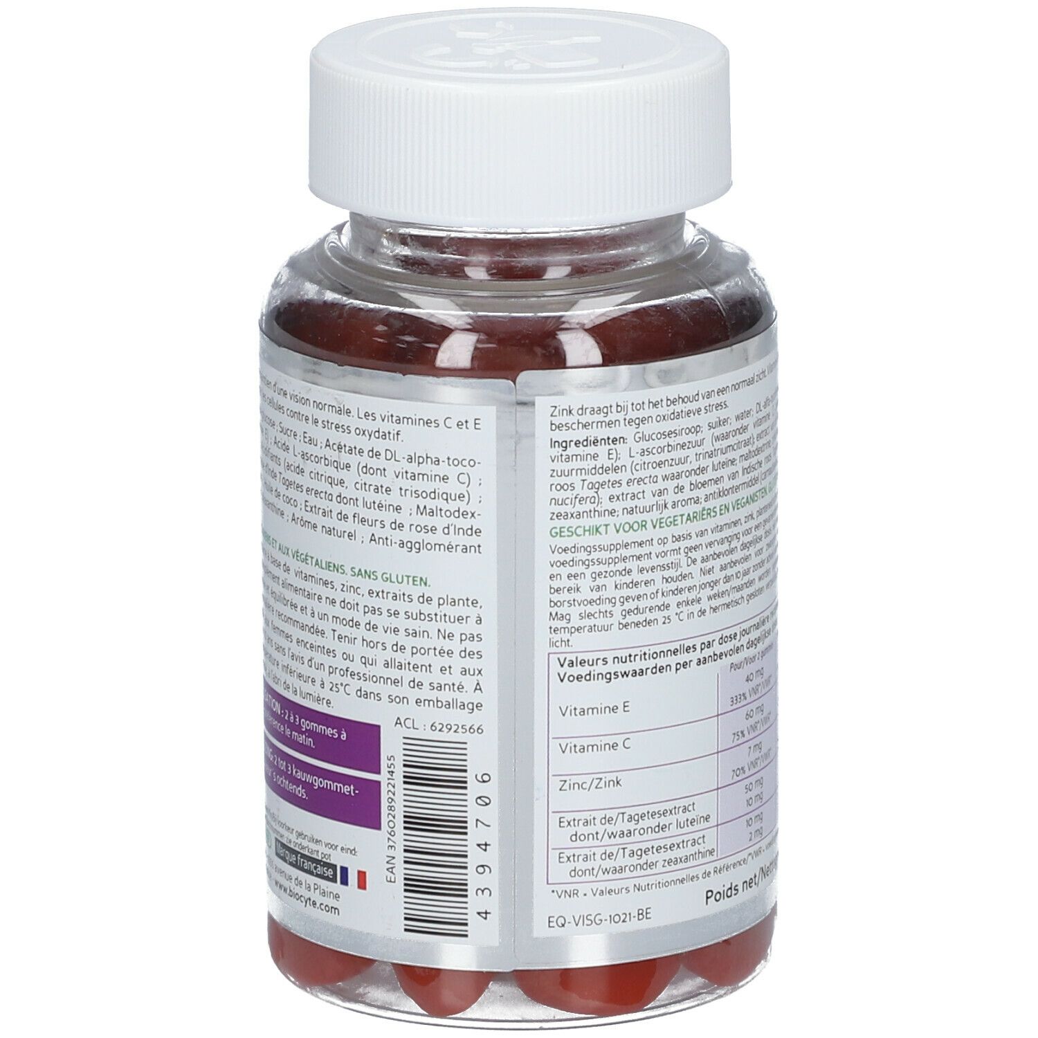 Dos du flacon Biocyte Vision Gummies. Texte avec informations nutritionnelles et ingrédients. Label Vegan.