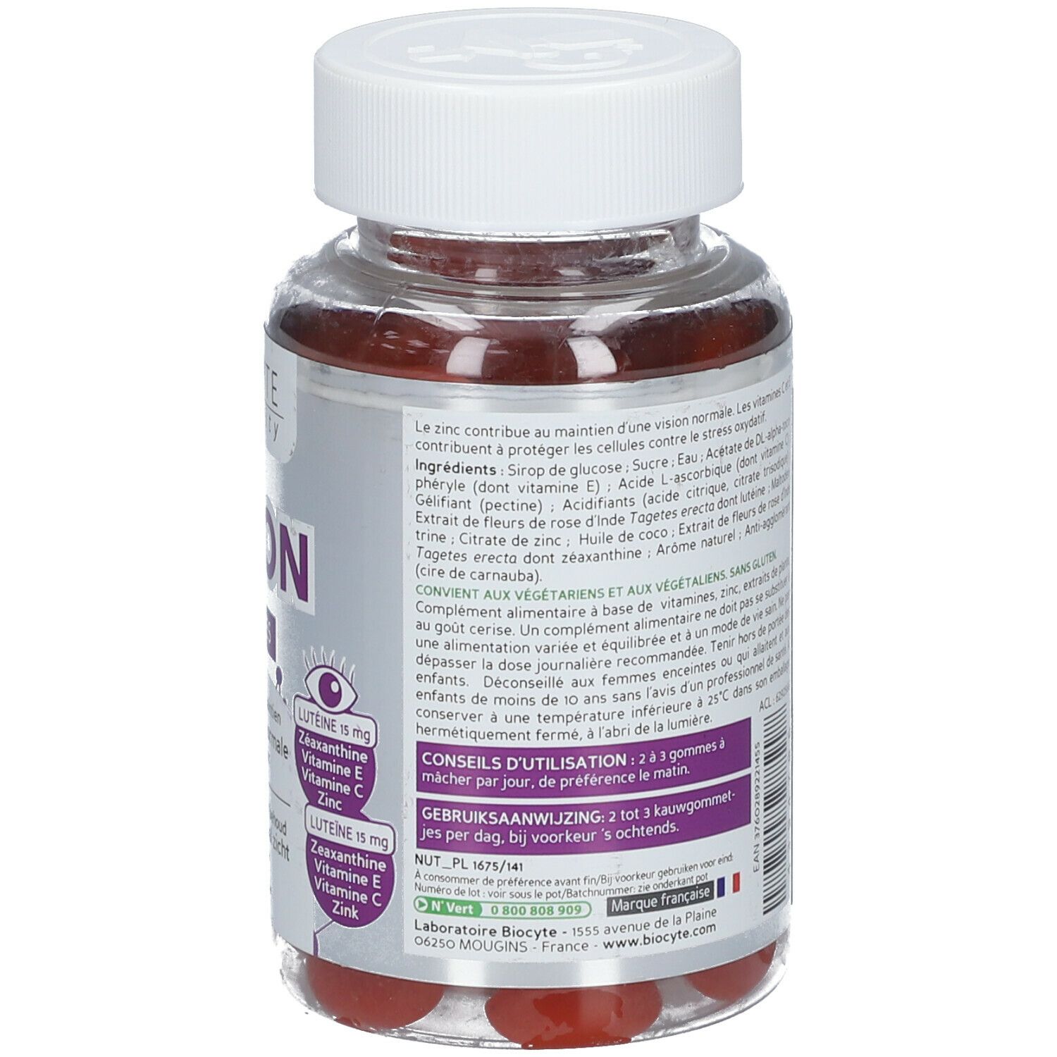 Dos du flacon Biocyte Vision Gummies. Texte avec informations nutritionnelles et ingrédients. Label Vegan.