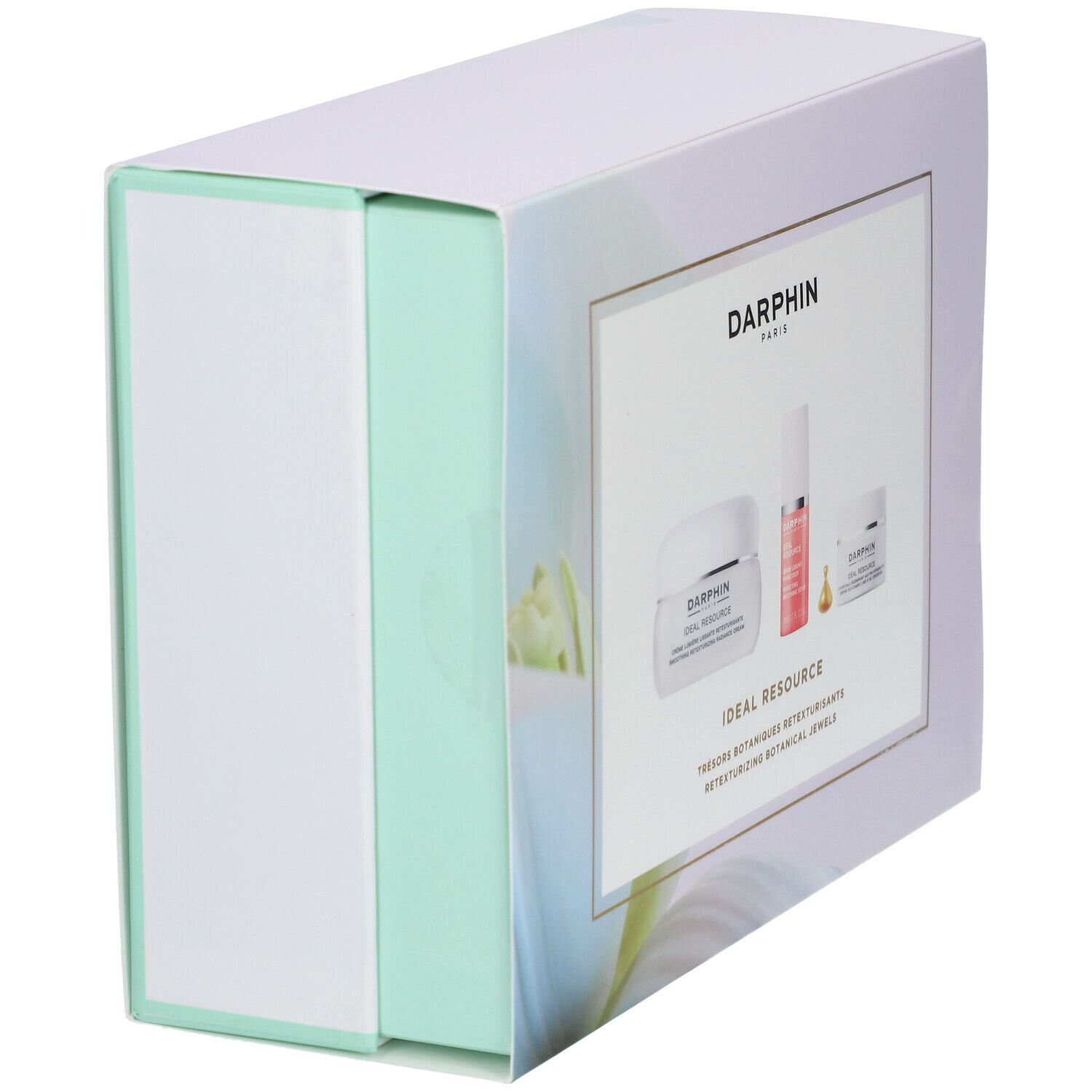Emballage coffret cadeau, blanc avec des accents vert clair. Impression avec images de produits et texte DARPHIN.