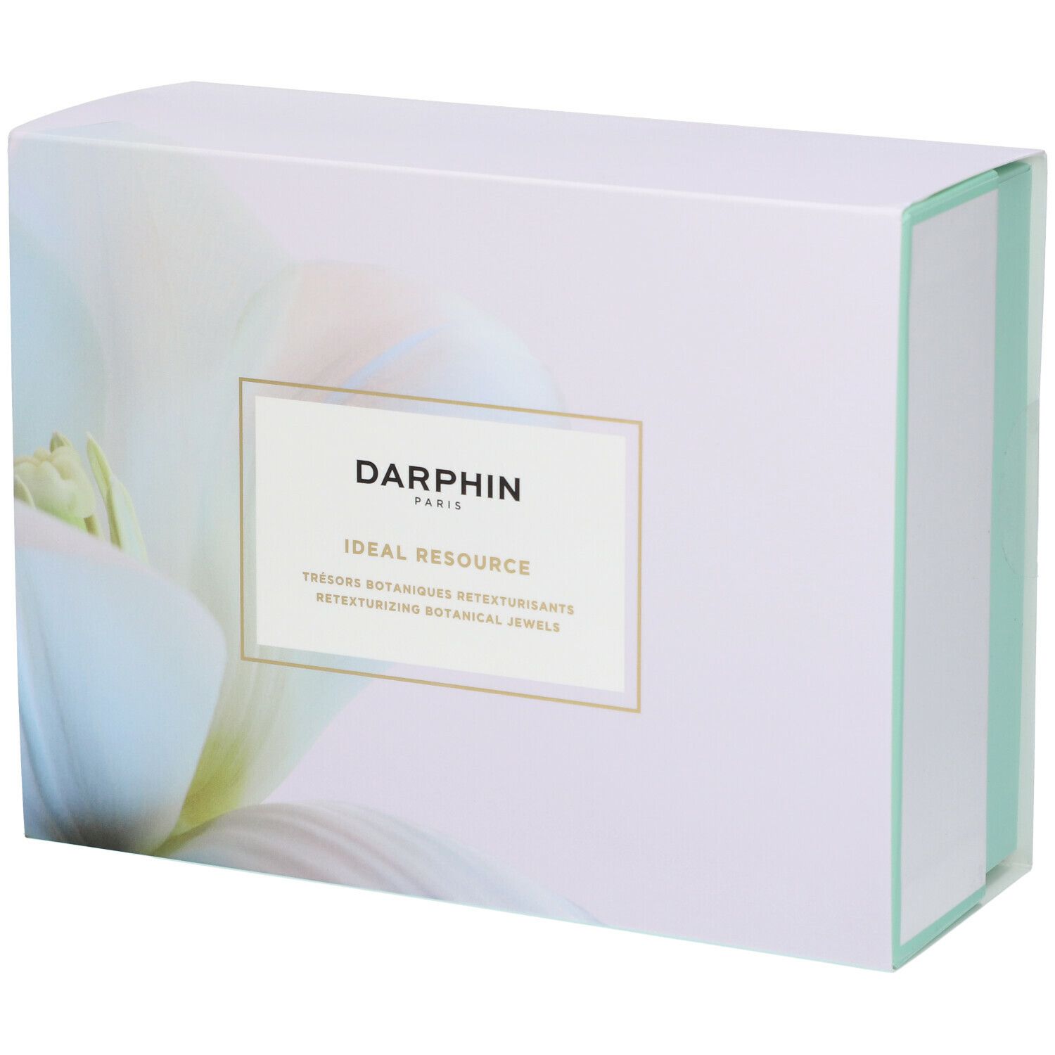 Coffret cadeau blanc avec fond floral. Cadre doré avec texte DARPHIN et nom du produit.