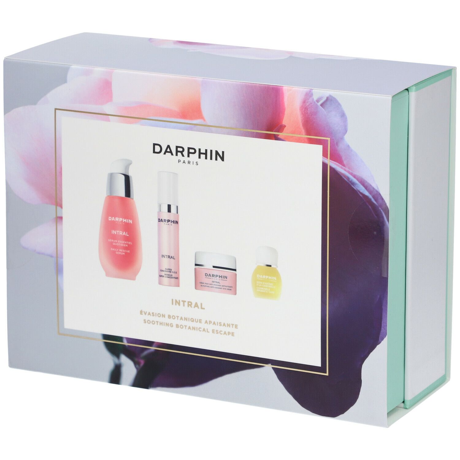 Coffret cadeau avec quatre produits. Liquides et crèmes roses dans des contenants blancs et transparents. Inscription : DARPHIN INTRAL.