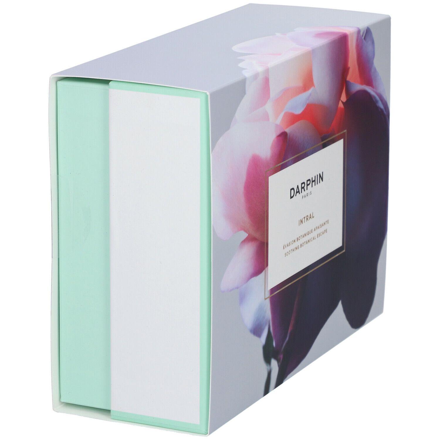Coffret cadeau avec motif floral. Inscription : DARPHIN. Accents vert menthe et blancs. Contient quatre produits, liquides et crèmes roses.