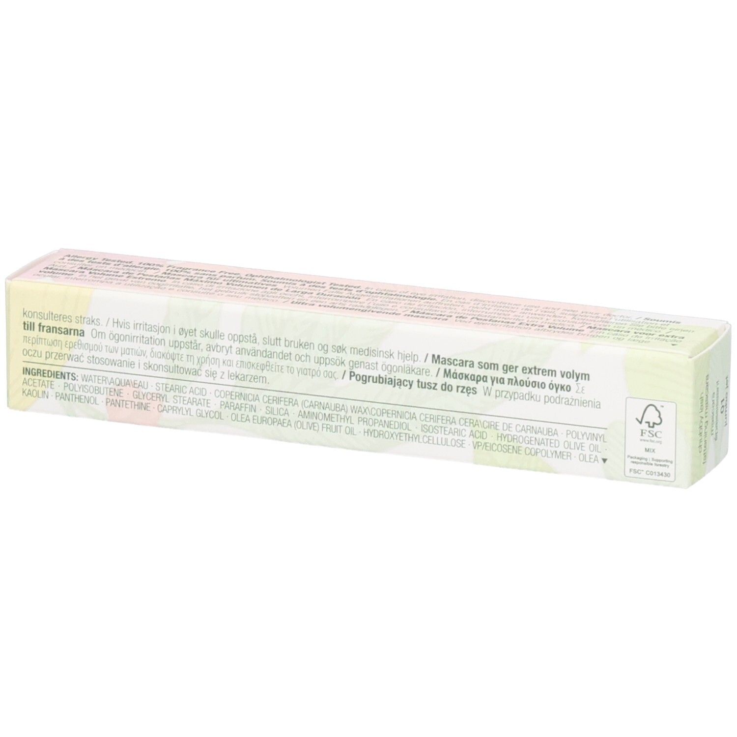 Emballage du mascara Clinique Chubby Lash avec ingrédients et instructions.
