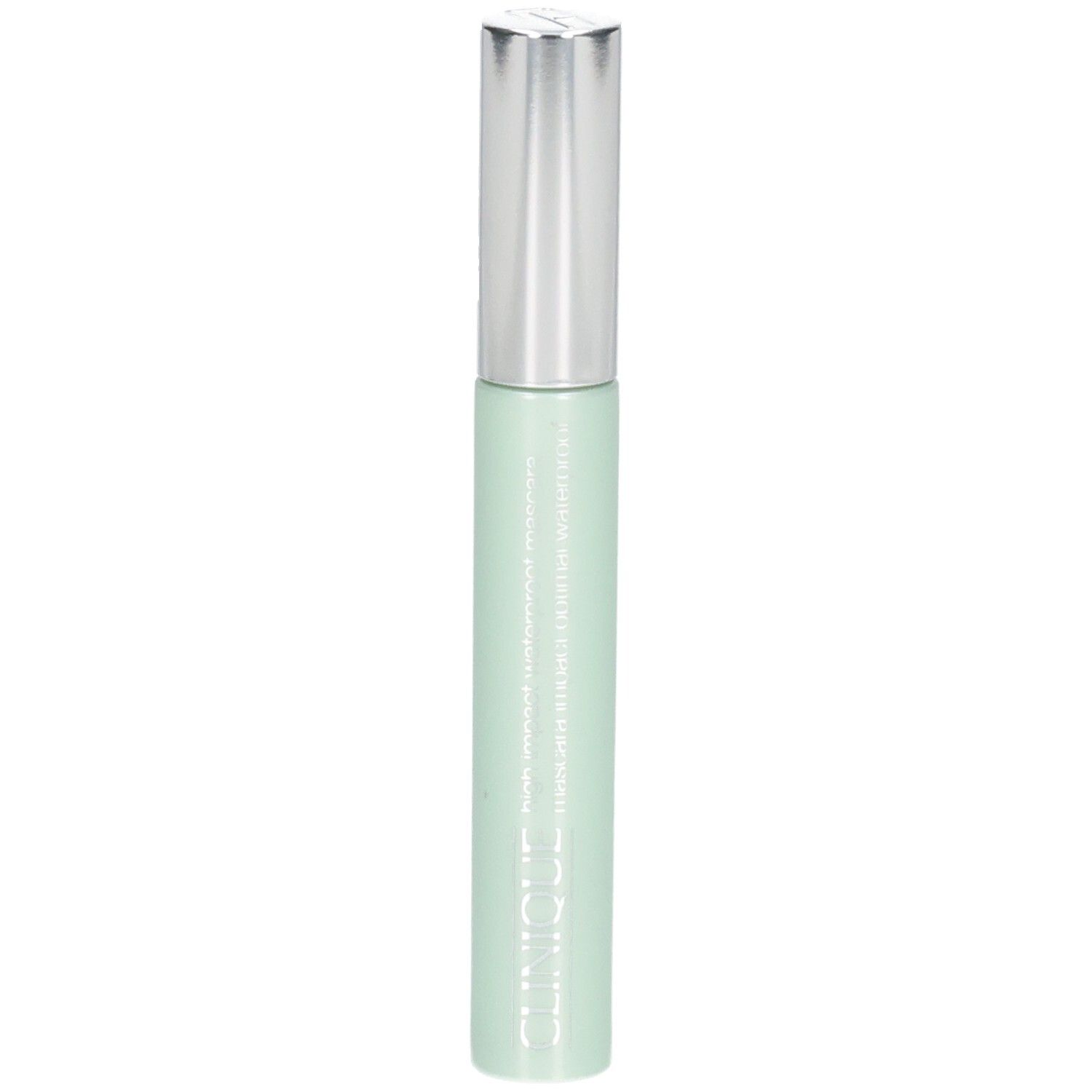 Flacon cosmétique cylindrique vert clair, bouchon argenté. Inscription CLINIQUE.