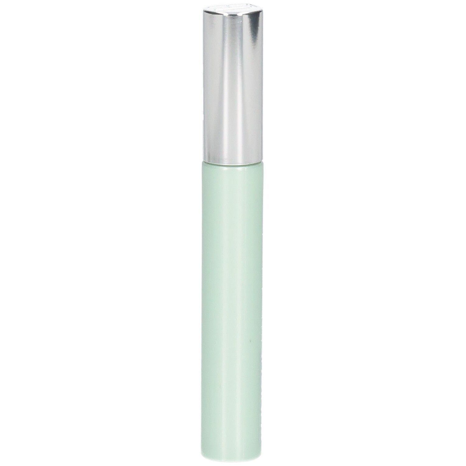 Flacon cosmétique cylindrique vert clair, bouchon argenté.
