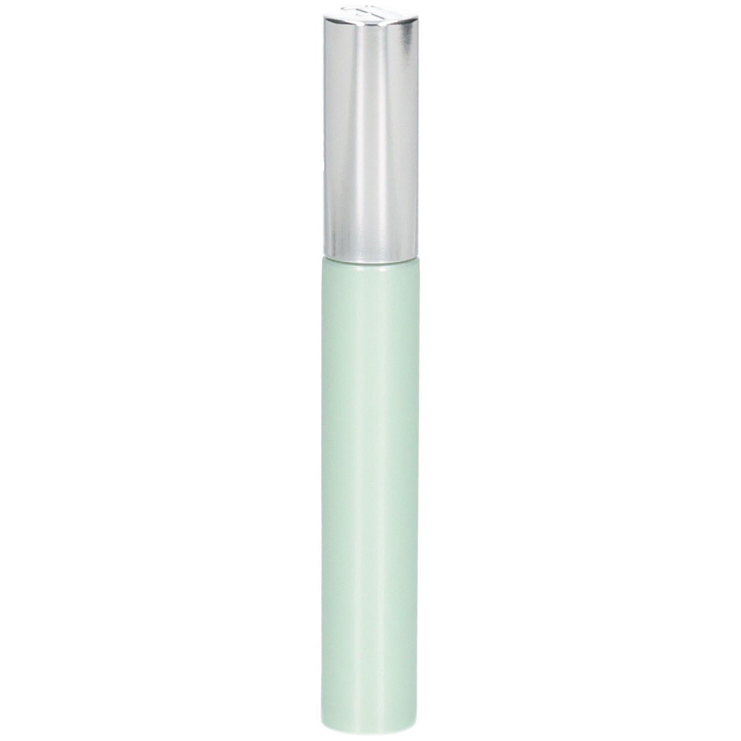 Flacon cosmétique cylindrique vert clair, bouchon argenté.