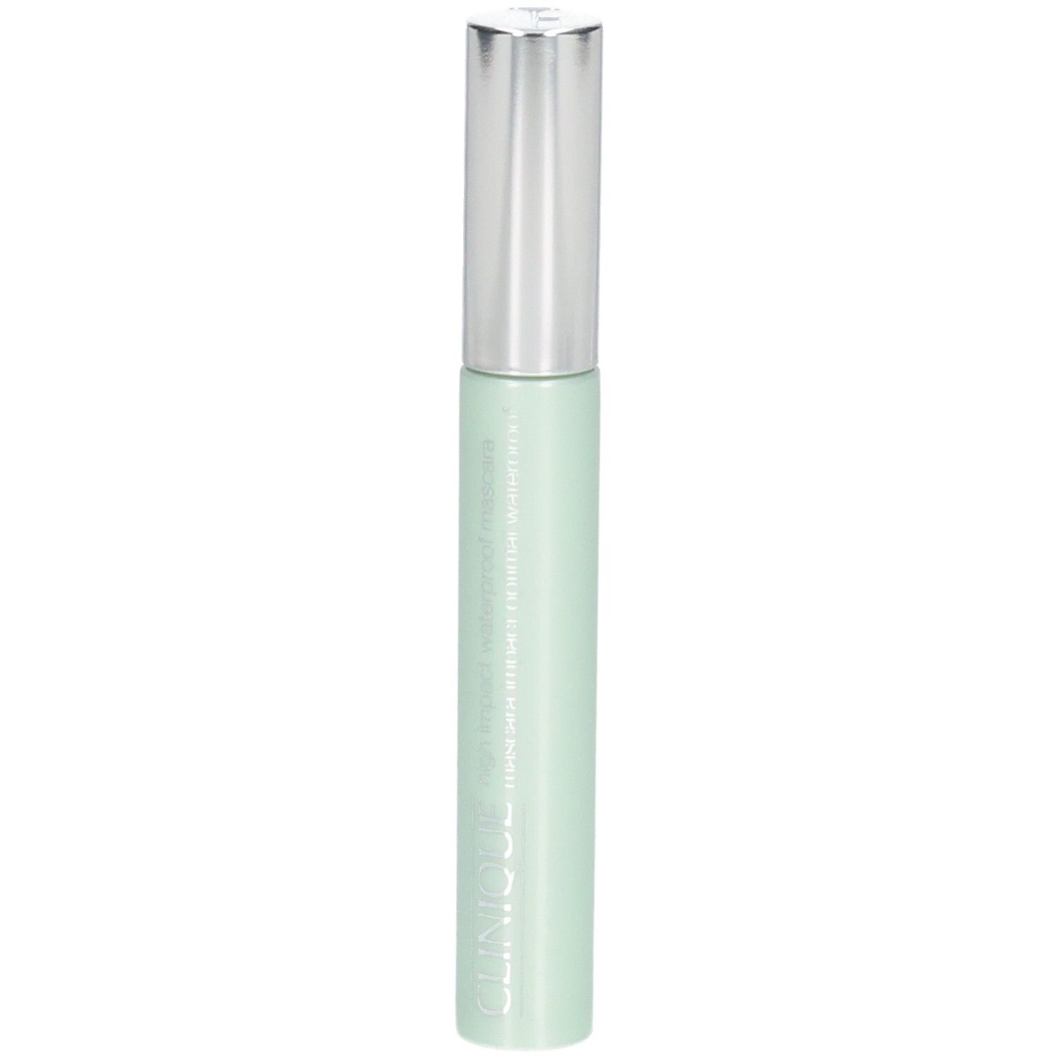 Flacon cosmétique cylindrique vert clair, bouchon argenté. Inscription CLINIQUE.