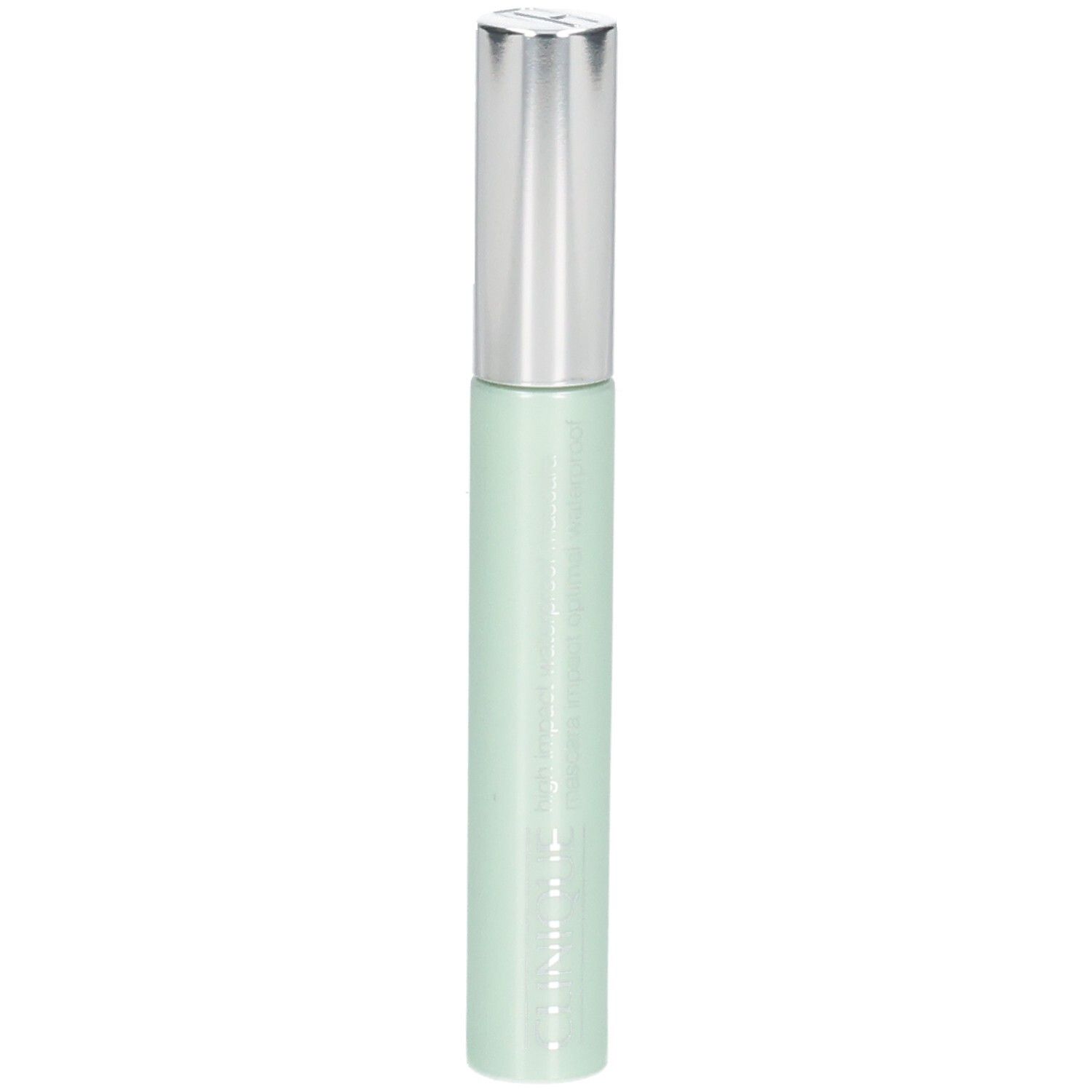 Flacon cosmétique cylindrique vert clair, bouchon argenté.