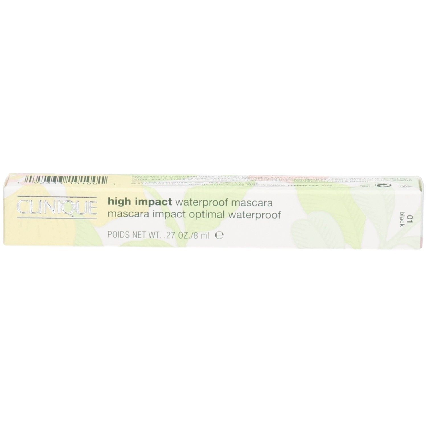 Emballage de produit cosmétique. Inscription CLINIQUE, high impact waterproof mascara.