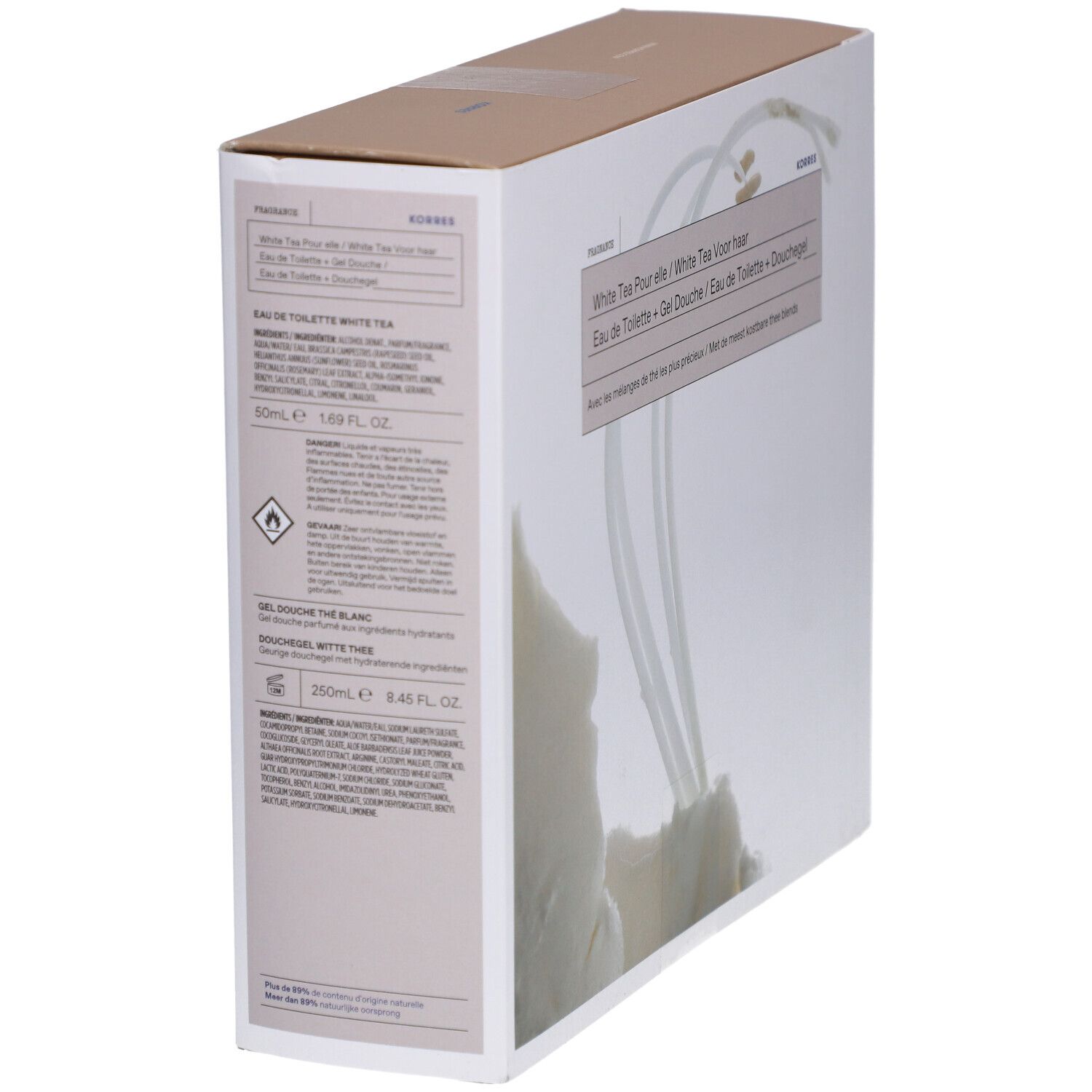 Emballage en carton, en biais. Informations sur le produit et texte en anglais, français et néerlandais. Marque KORRES.