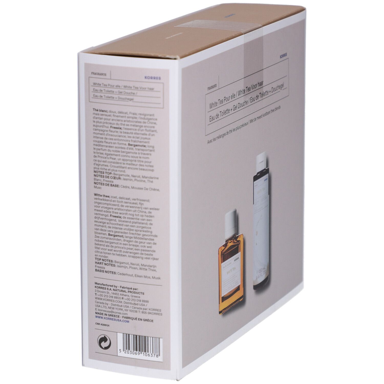 Emballage en carton, en biais. Deux produits : flacon et bouteille. Texte en anglais, français et néerlandais. Marque KORRES.