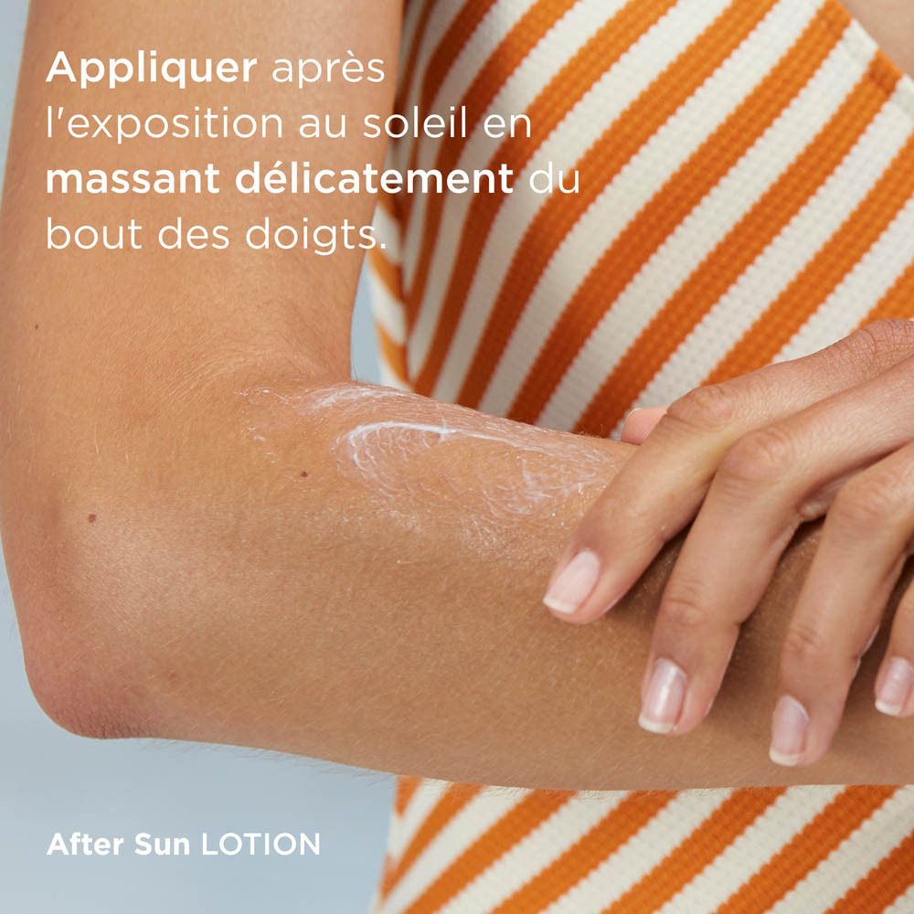 Bras avec lotion. Texte: Appliquer après l'exposition au soleil en massant du bout des doigts.