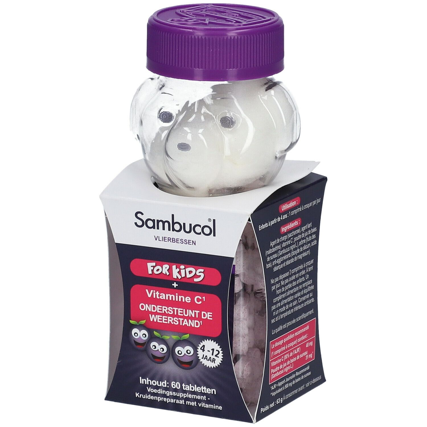 Flacon en forme d'ours contenant des comprimés à croquer. Boîte: Sambucol, FOR KIDS, Vitamine C, 60 comprimés. Couvercle violet.
