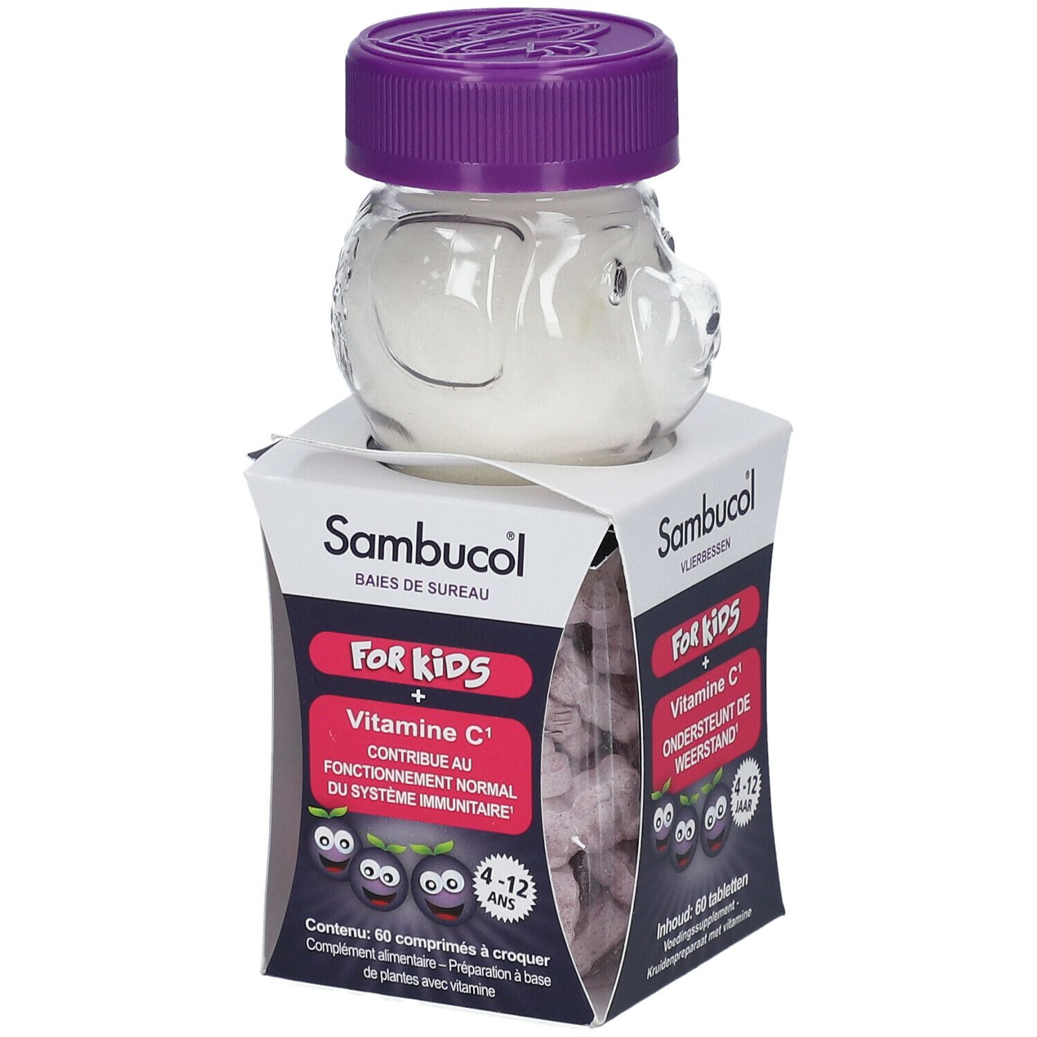 Flacon en forme d'ours contenant des comprimés à croquer. Boîte: Sambucol, FOR KIDS, Vitamine C, 60 comprimés. Couvercle violet.