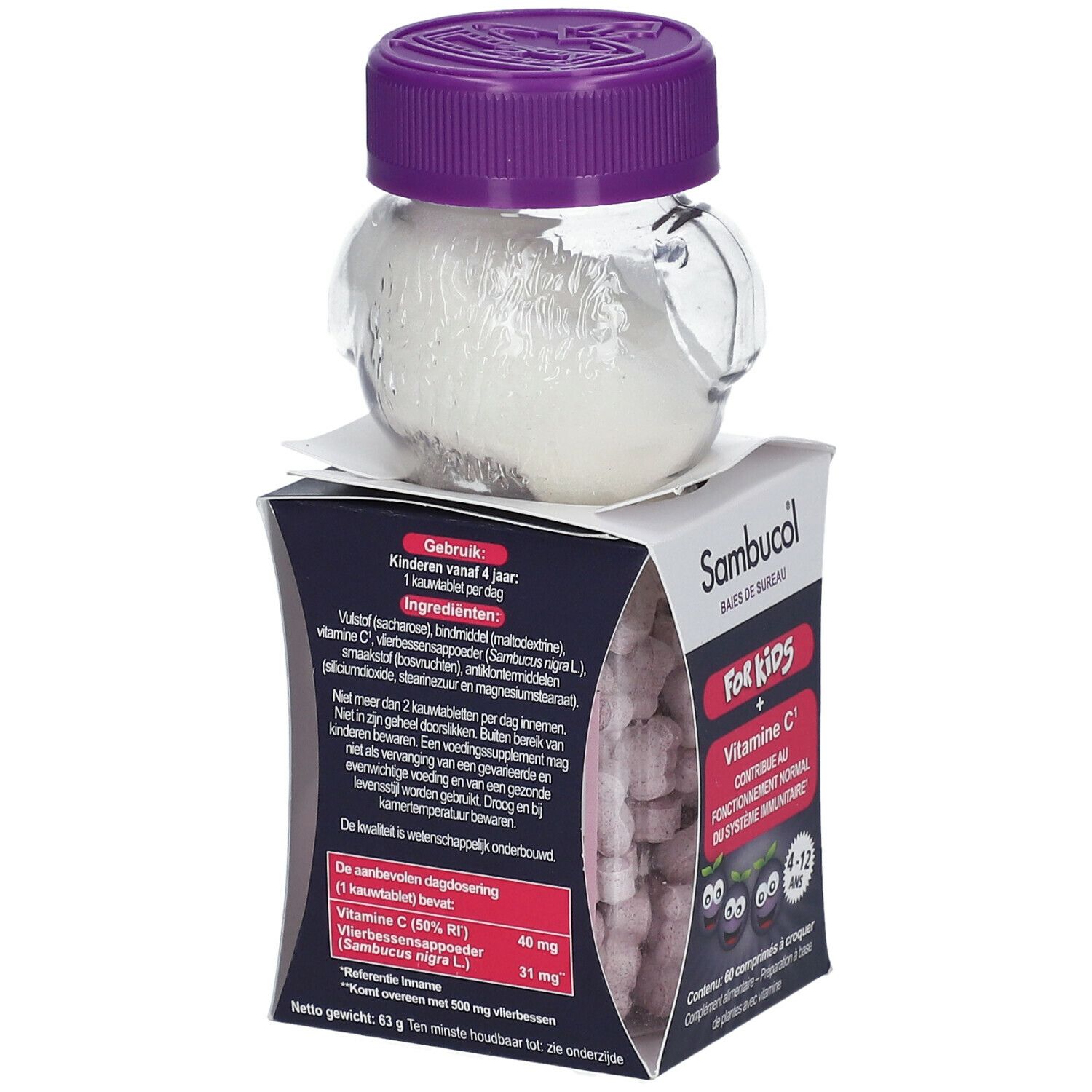 Flacon en forme d'ours contenant des comprimés à croquer. Boîte: Sambucol, FOR KIDS, Vitamine C, 60 comprimés. Couvercle violet.