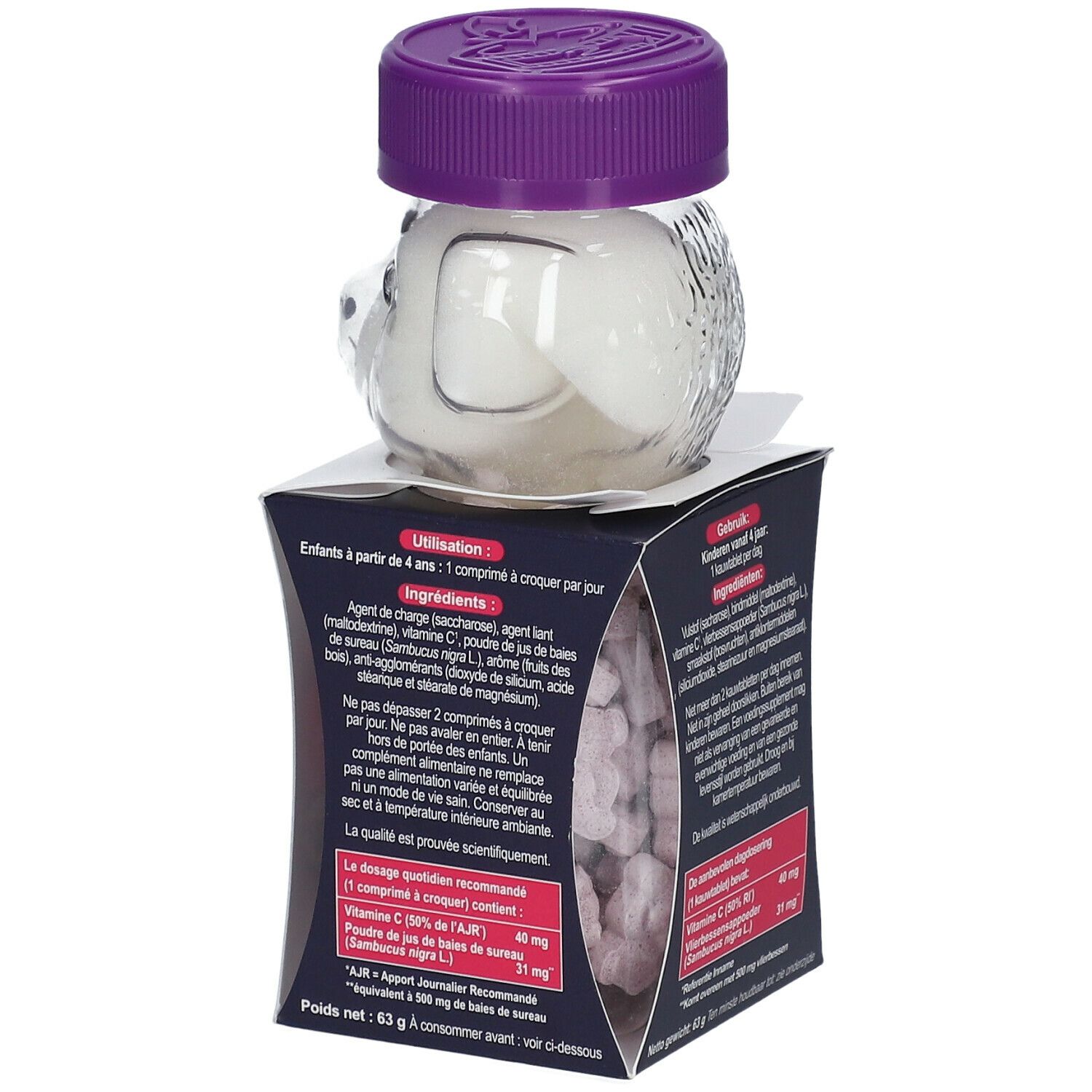 Flacon en forme d'ours contenant des comprimés à croquer. Boîte: Sambucol, FOR KIDS, Vitamine C, 60 comprimés. Couvercle violet.