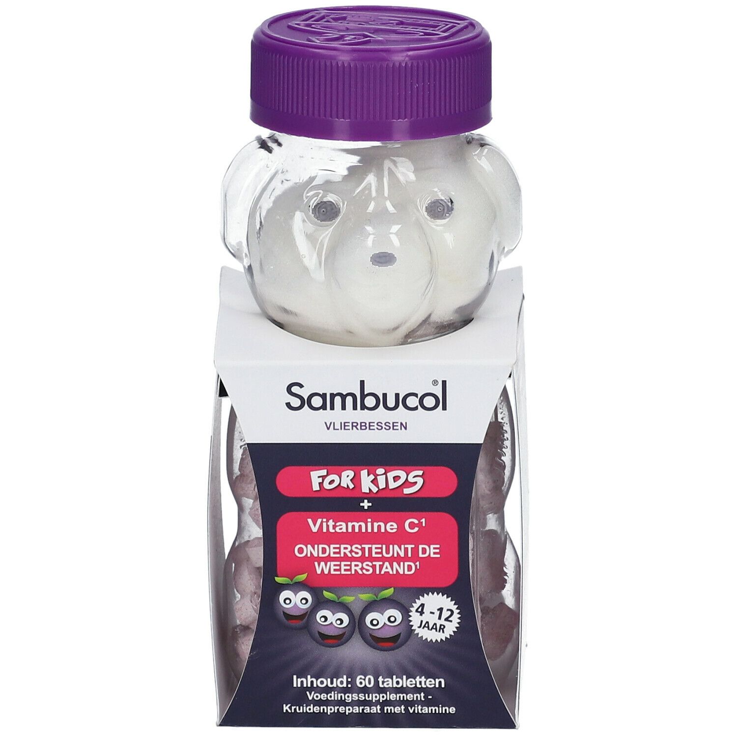 Flacon en forme d'ours contenant des comprimés à croquer. Boîte: Sambucol, FOR KIDS, Vitamine C, 60 comprimés. Couvercle violet.