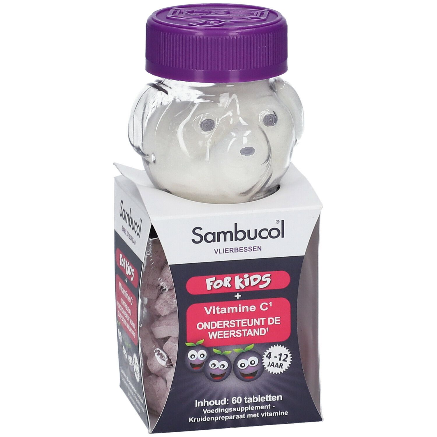 Flacon en forme d'ours contenant des comprimés à croquer. Boîte: Sambucol, FOR KIDS, Vitamine C, 60 comprimés. Couvercle violet.
