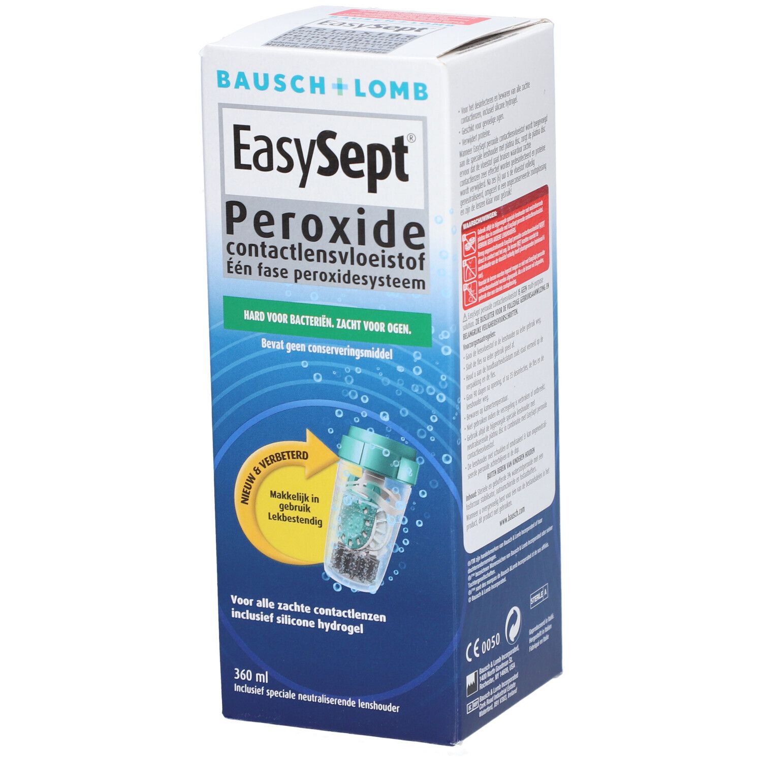 Boîte de EasySept Peroxide. Contient une solution pour lentilles de contact. Comprend un étui pour lentilles.