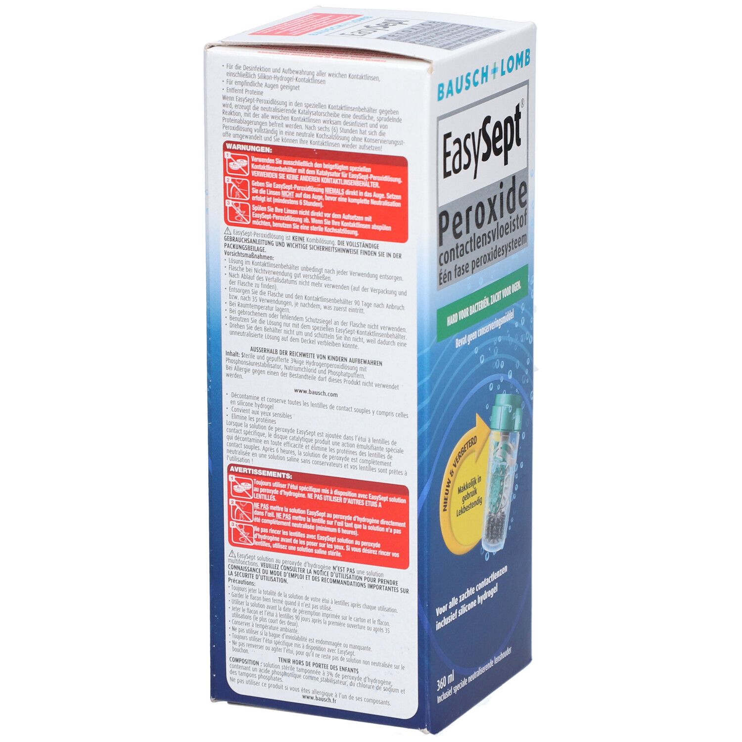 Dos de la boîte EasySept Peroxide. Contient des avertissements et des informations sur le produit en plusieurs langues.