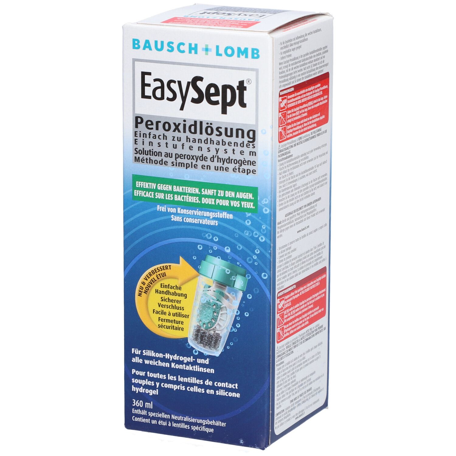 Boîte de solution EasySept Peroxide. Contient une solution pour lentilles de contact. Comprend un étui pour lentilles.