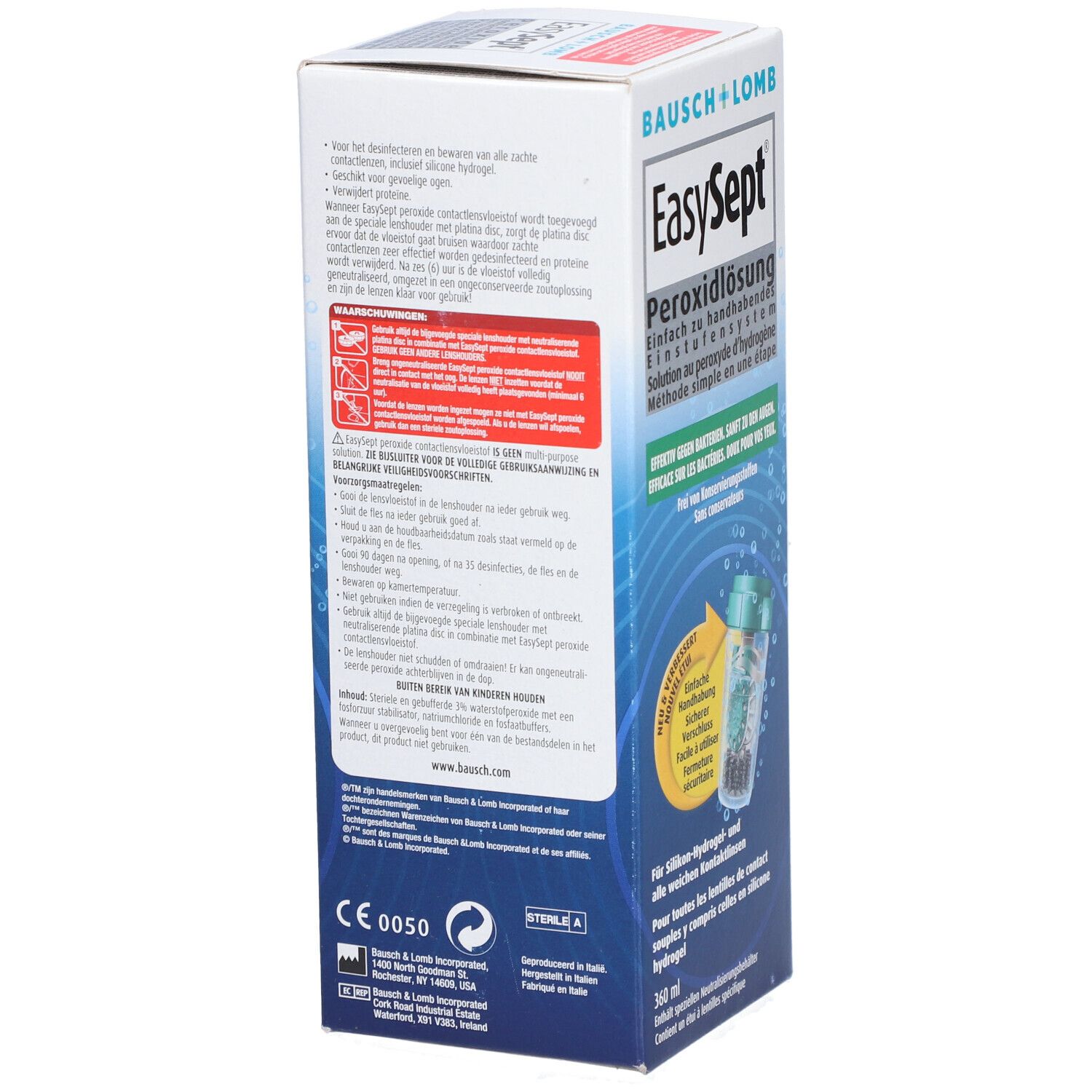 Dos de la boîte de solution EasySept Peroxide. Contient des avertissements et des informations sur le produit en plusieurs langues.