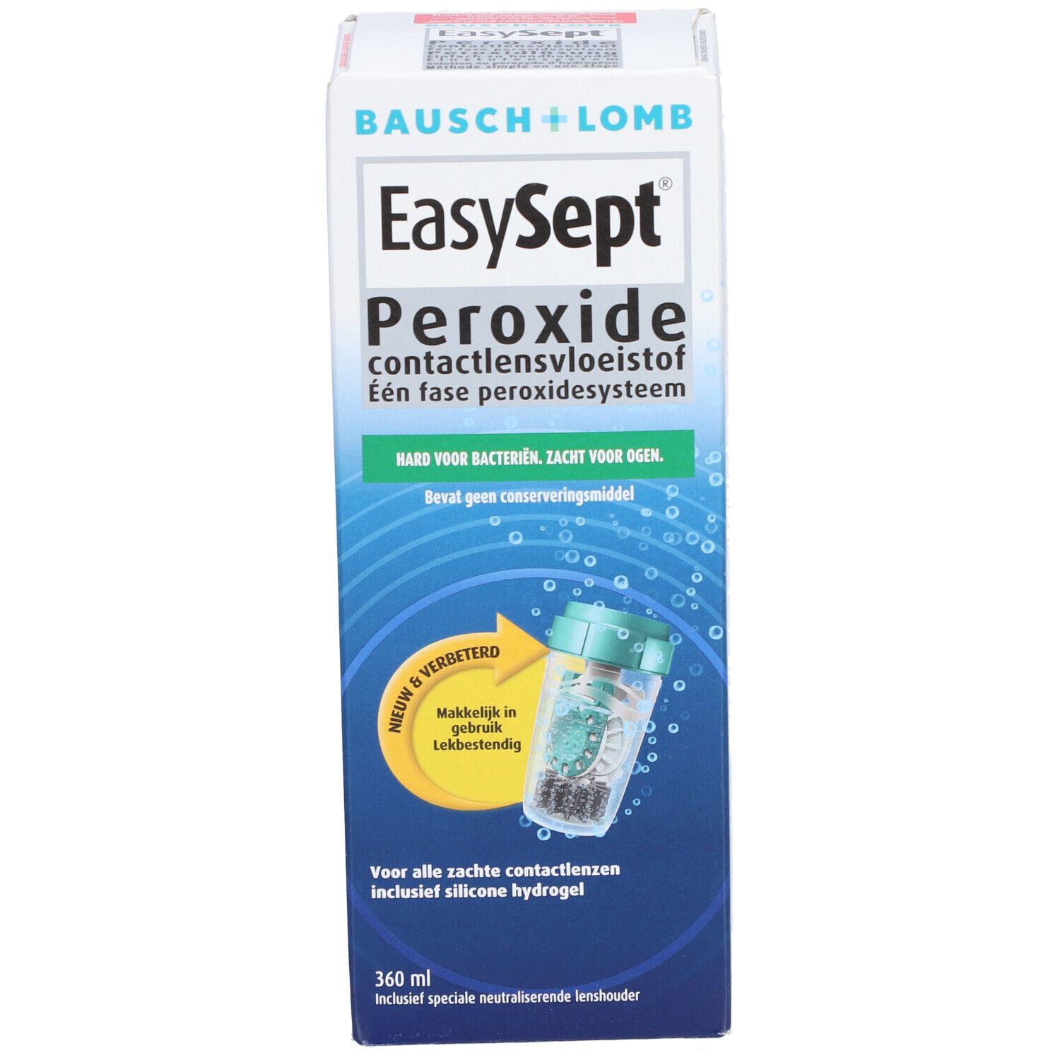 Boîte de EasySept Peroxide. Contient une solution pour lentilles de contact. Comprend un étui pour lentilles.