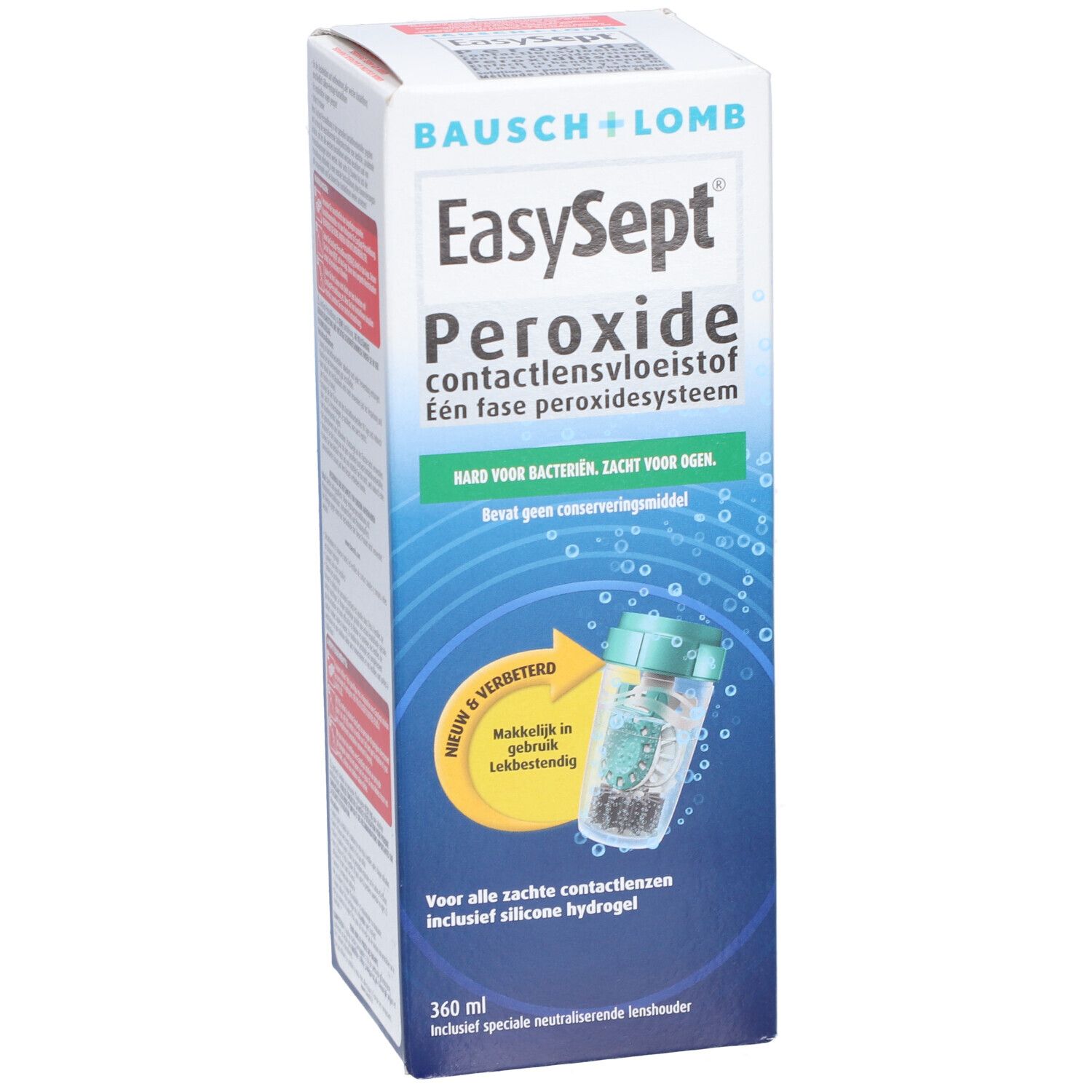 Boîte de EasySept Peroxide. Contient une solution pour lentilles de contact. Comprend un étui pour lentilles.