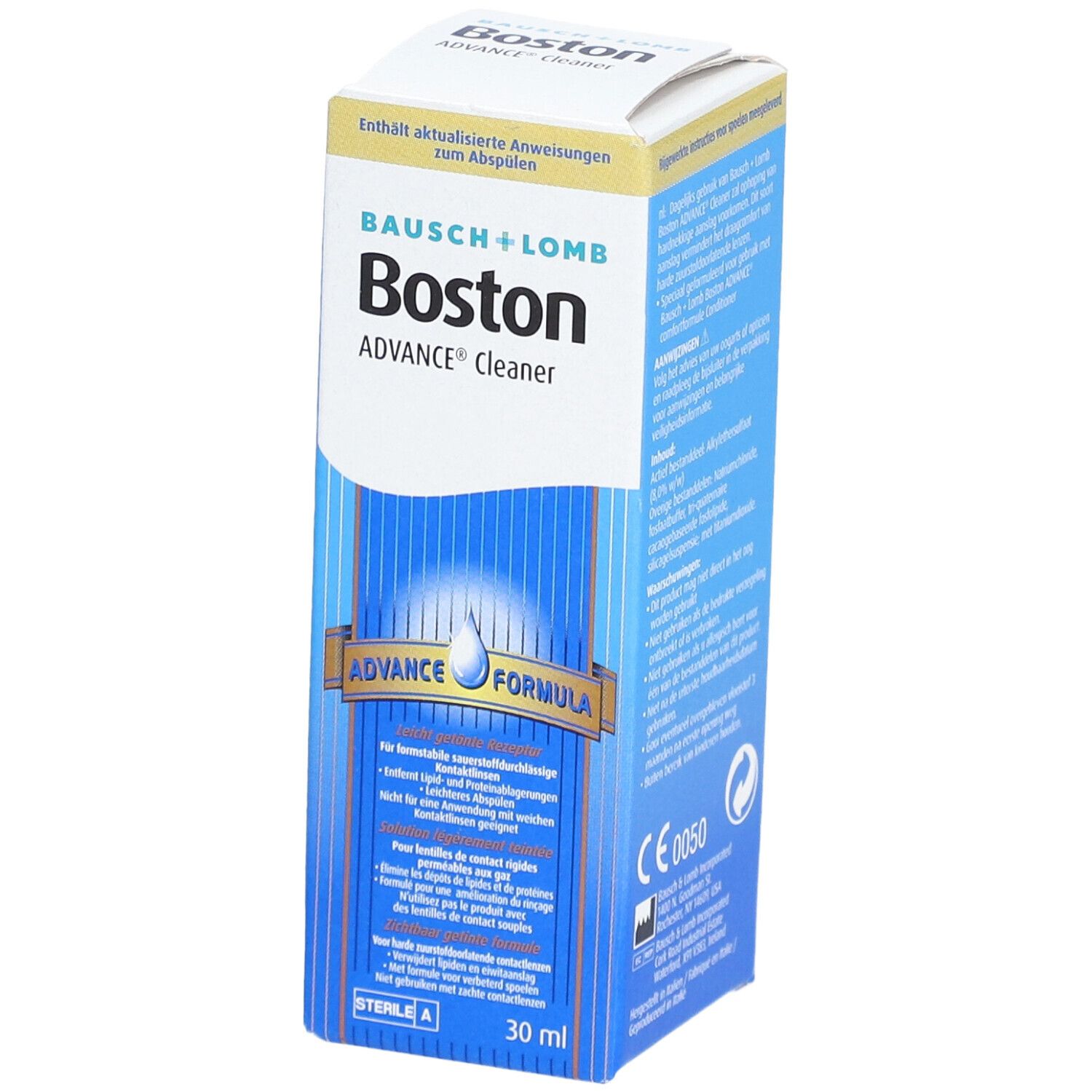 Bausch + Lomb Boston ADVANCE® Cleaner. Emballage blanc et bleu. Nom du produit et logo visibles. 30 ml.