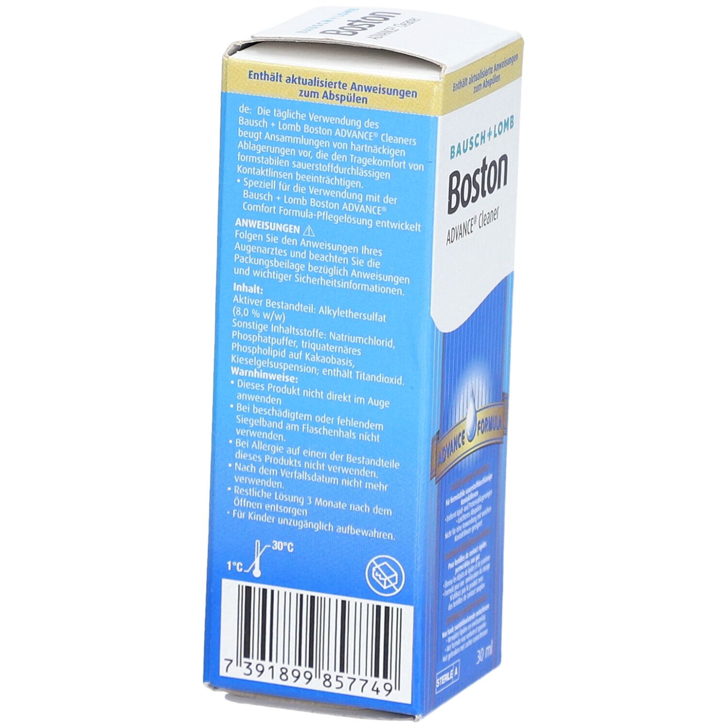 Dos de l'emballage Bausch + Lomb Boston ADVANCE® Cleaner. Informations textuelles et ingrédients. Code-barres et logo.